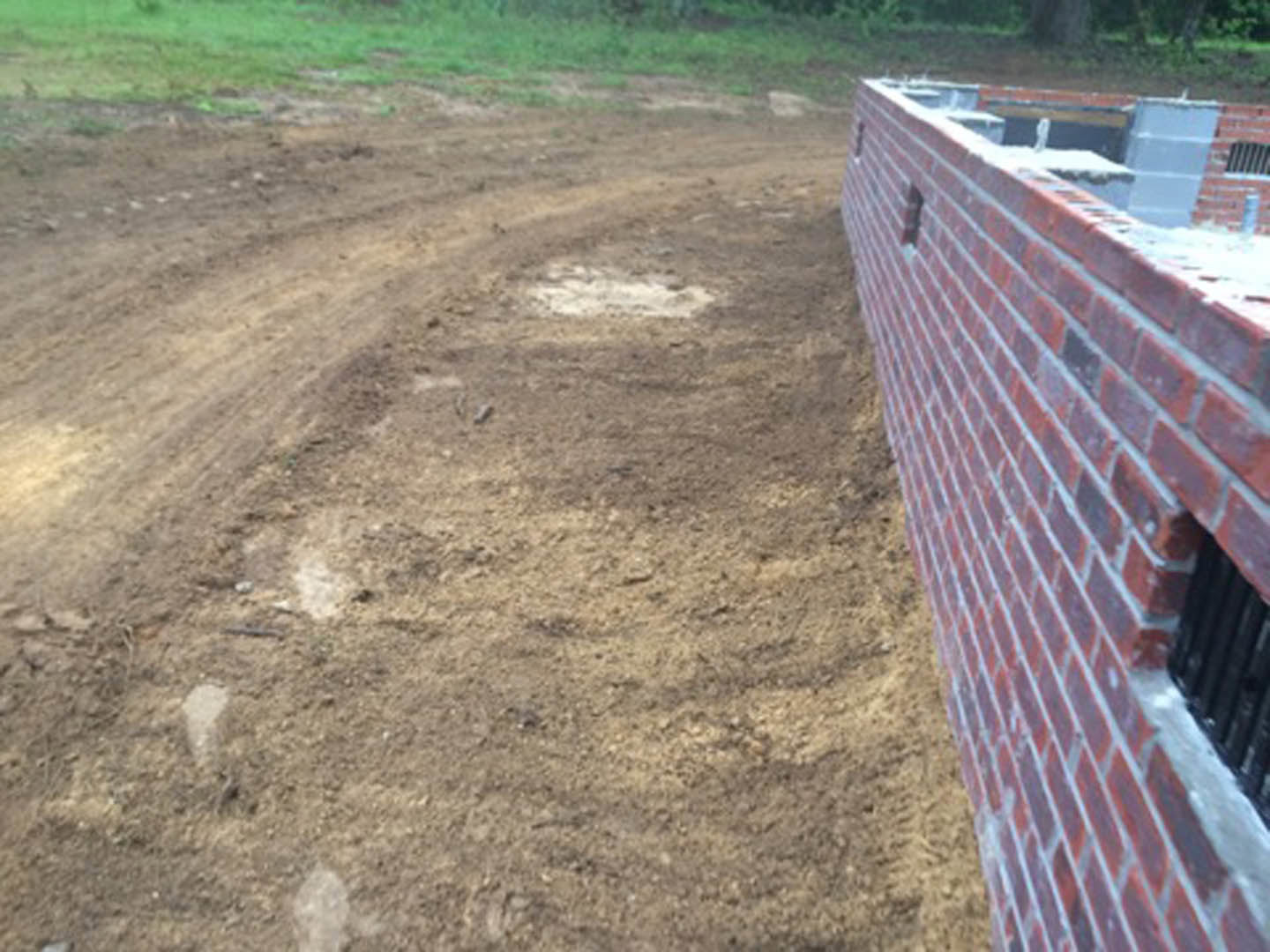 Red brick wall with window beside patchy dirt and grass, outdoor foundation area with scattered plants