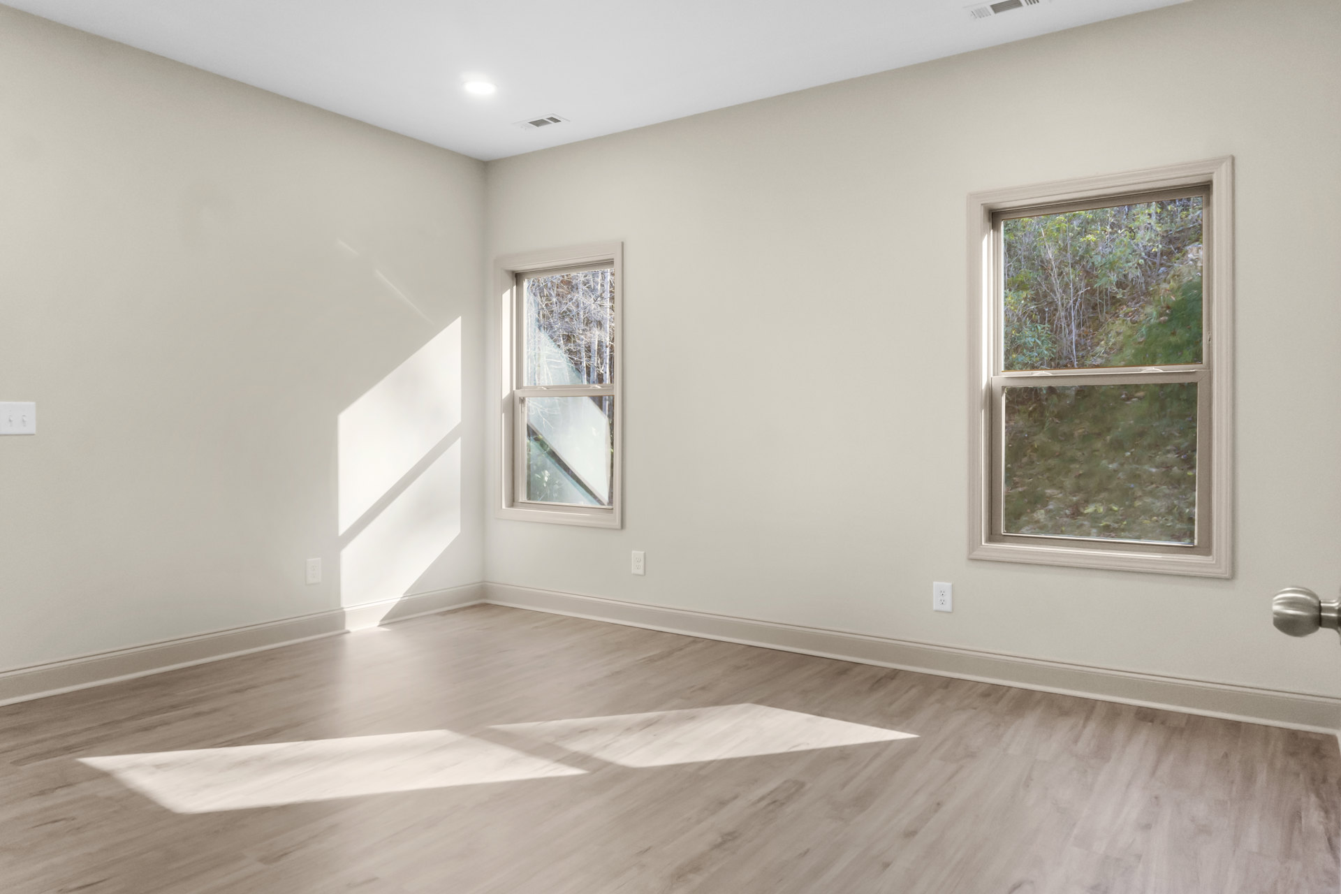 Spacious room with light wood flooring, large windows overlooking green trees and a field, white plaster walls with soft shadows