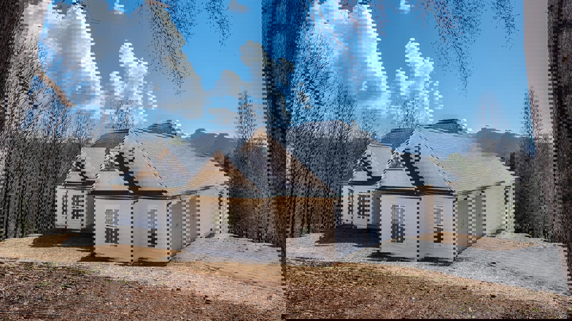 Two-story home with attached garage, concrete driveway, white siding, gable roof, large windows, leafless tree branches, blue sky with scattered clouds