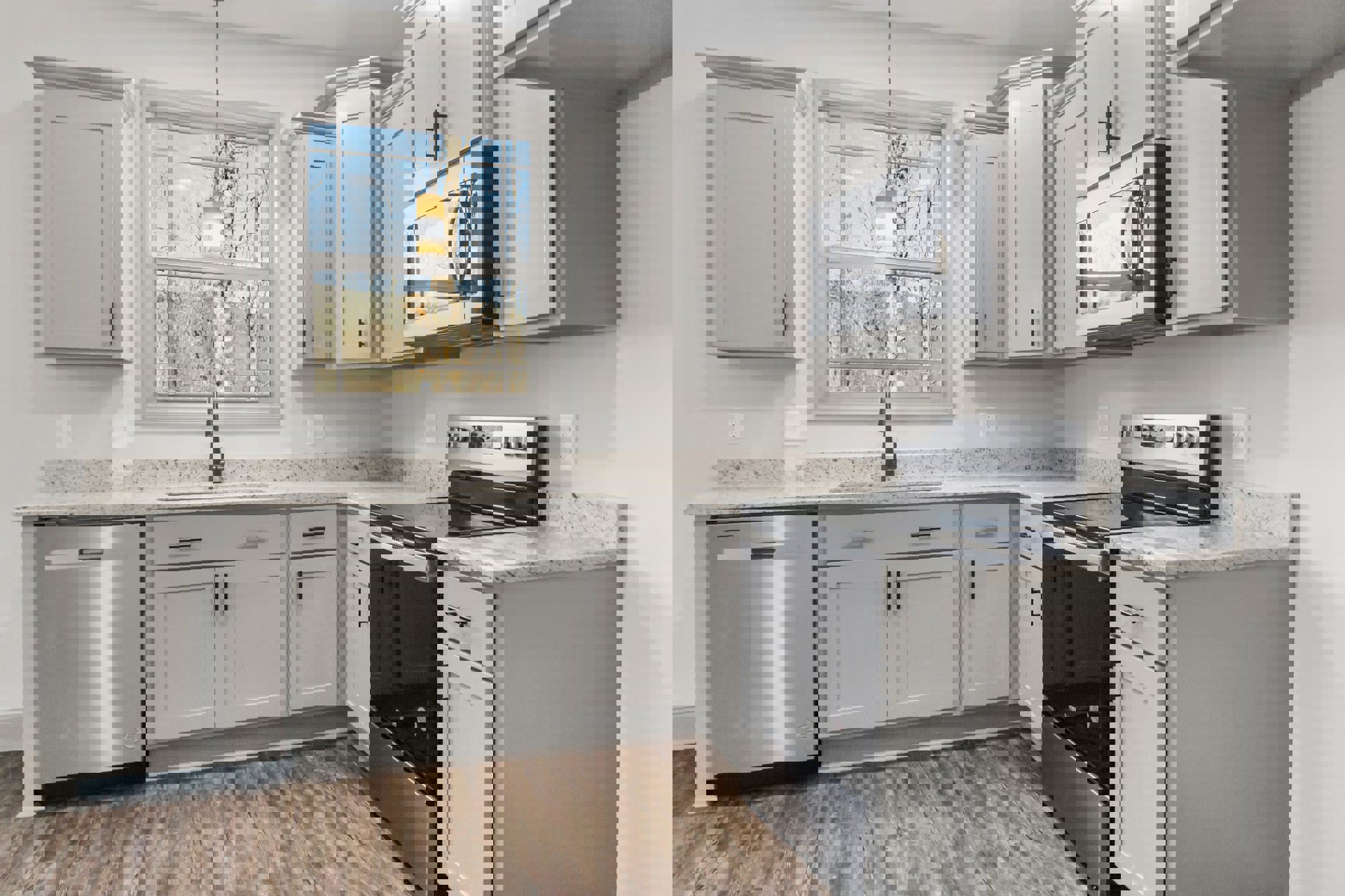 White kitchen cabinets with black appliances, sunlight streaming through window, wall-mounted microwave, white door with black handle, close-up views of dishwasher and stove.