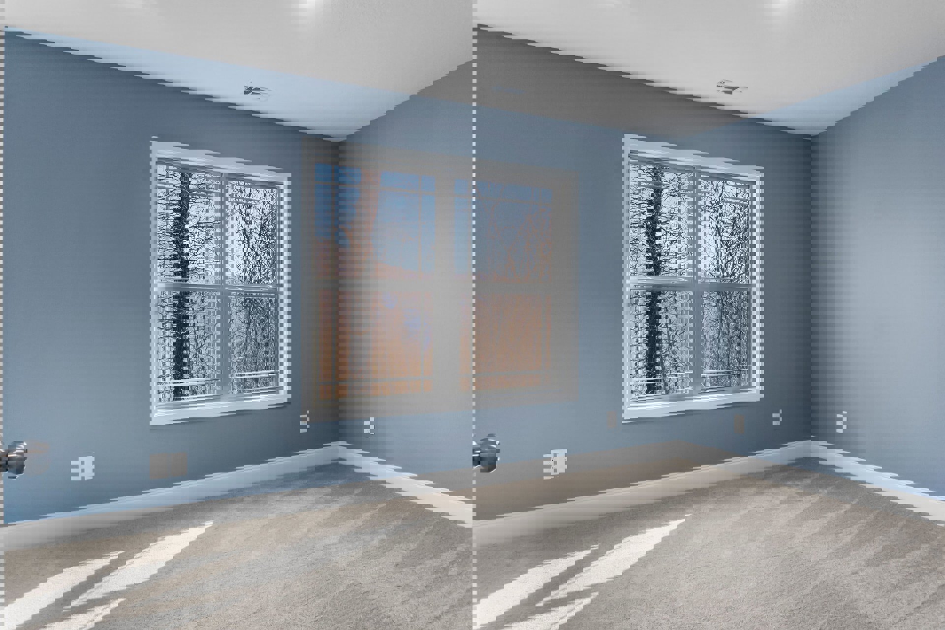 Blue-painted walls, white carpet flooring, ceiling vent, single window with view of trees, white electrical outlet.