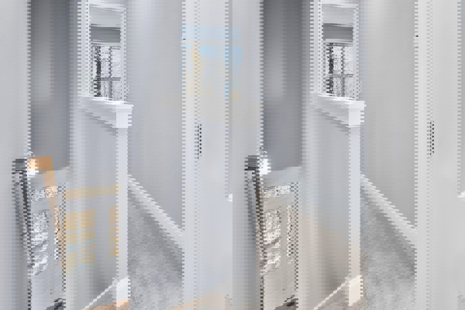 Hallway with white railing, white walls, window with tree view, and white door with glass panels