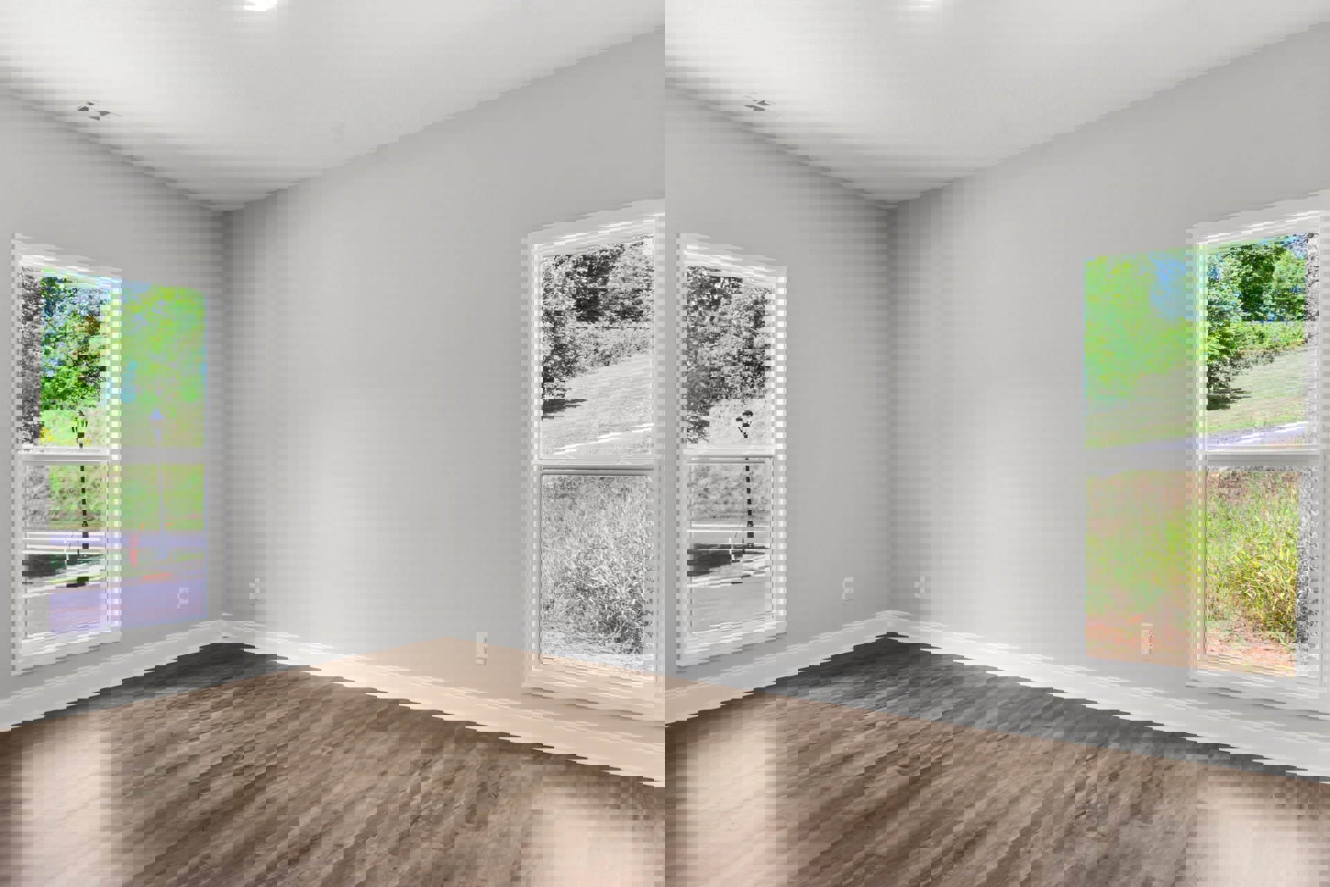 Wood flooring with white baseboards, large windows overlooking grass and trees, white plaster walls, and ceiling with a visible spot