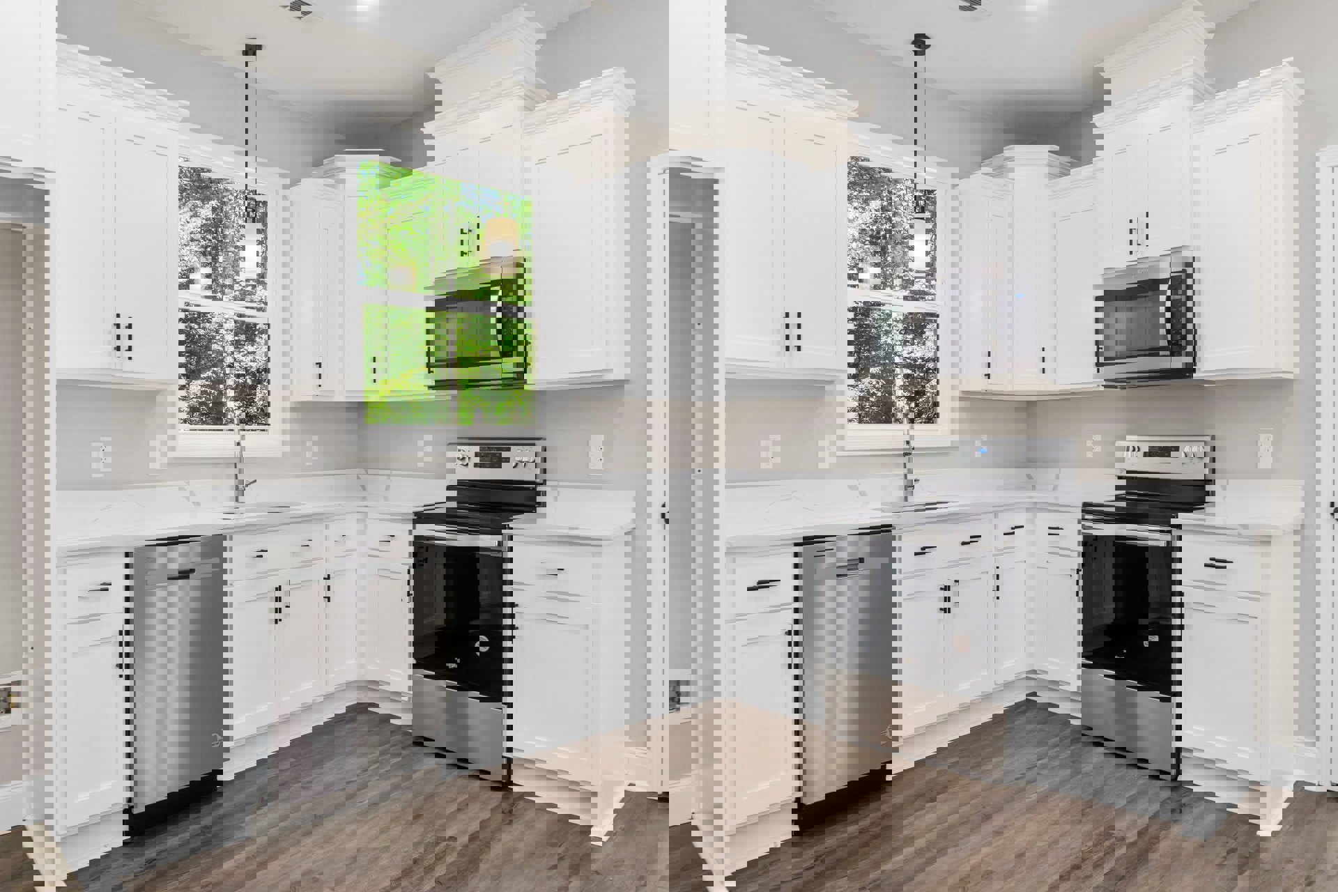 White shaker cabinets, stainless steel dishwasher, glass door stove, built-in microwave, quartz countertops, window with natural light, brushed nickel hardware