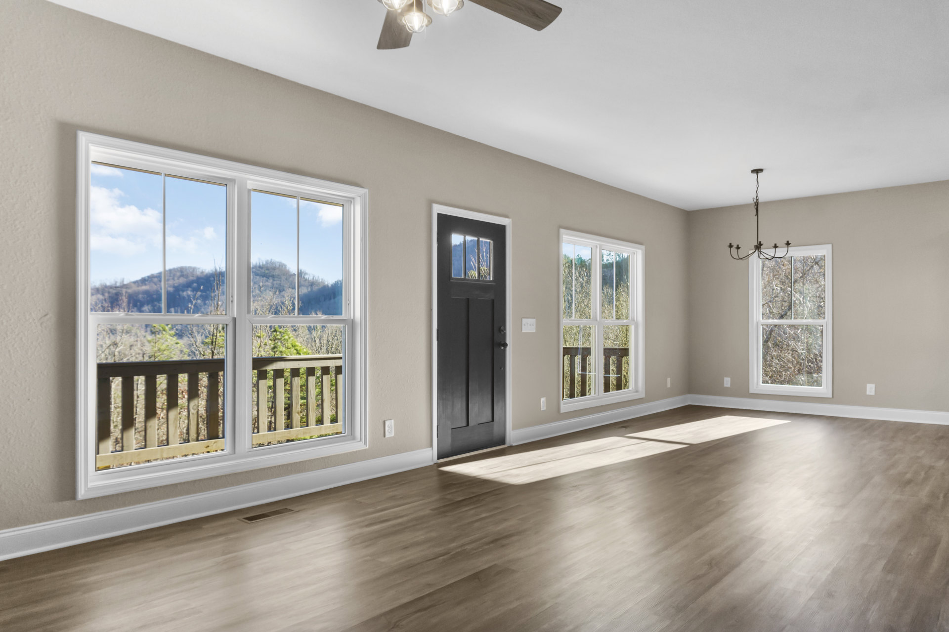 Black door with silver knobs, white-framed windows overlooking mountain and trees, light wood flooring, white walls