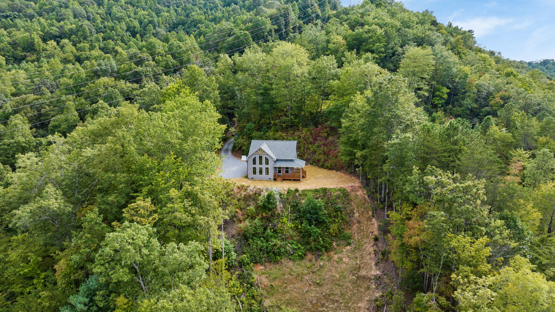 Two-story cottage with large windows, wraparound porch, and elevated deck set on a grassy hill, surrounded by dense trees and forested landscape under a partly cloudy sky