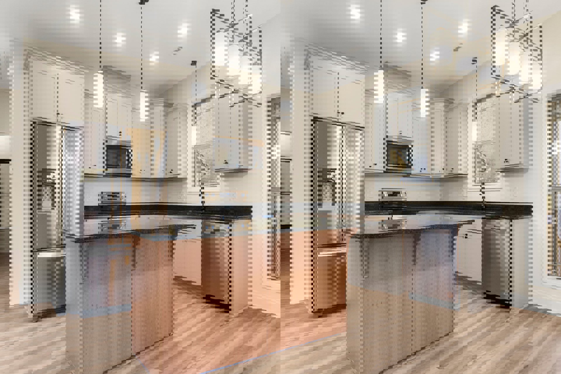 Open kitchen featuring a central island with quartz countertop, stainless steel refrigerator, built-in microwave, gas stove, white cabinetry, and tile backsplash