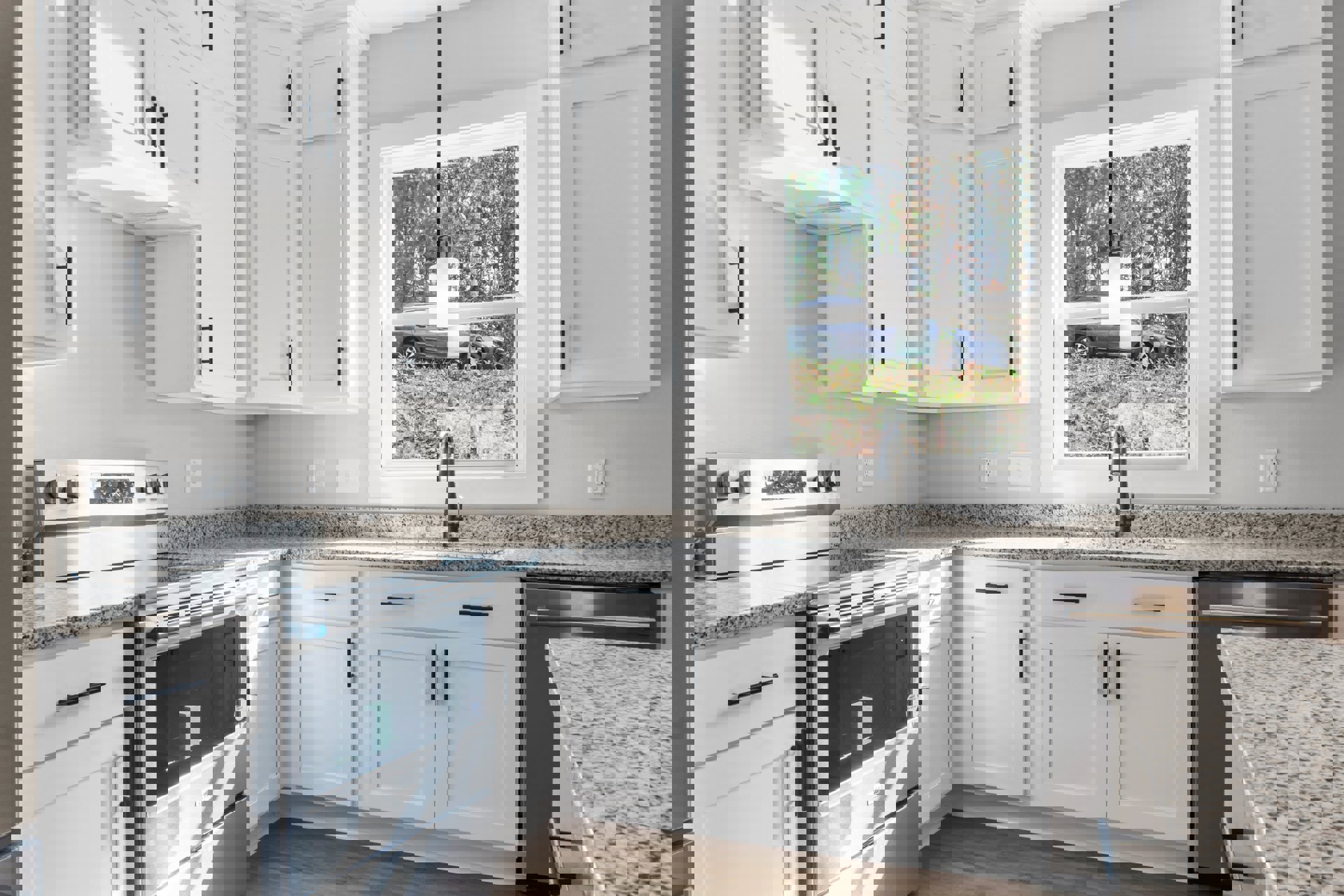 White kitchen cabinets with granite countertops, stainless steel oven, glass door, silver cabinet handles, and white square-framed door; car visible parked on grass outside.