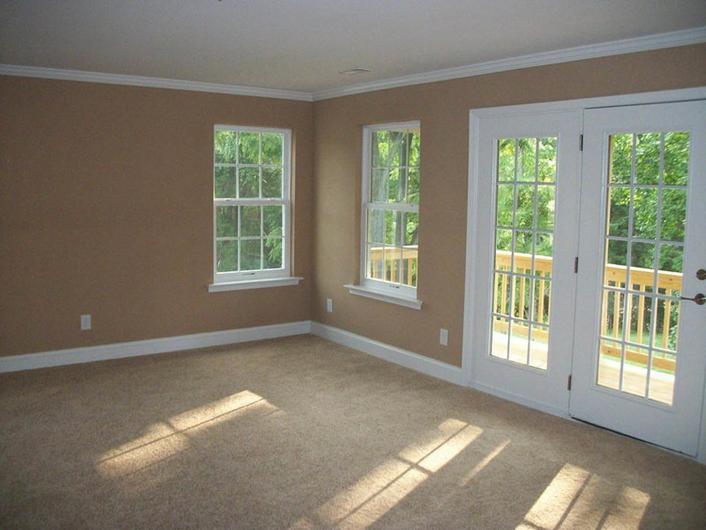 Bright room with white-framed multi-pane windows, double glass doors, light wood flooring, and neutral walls