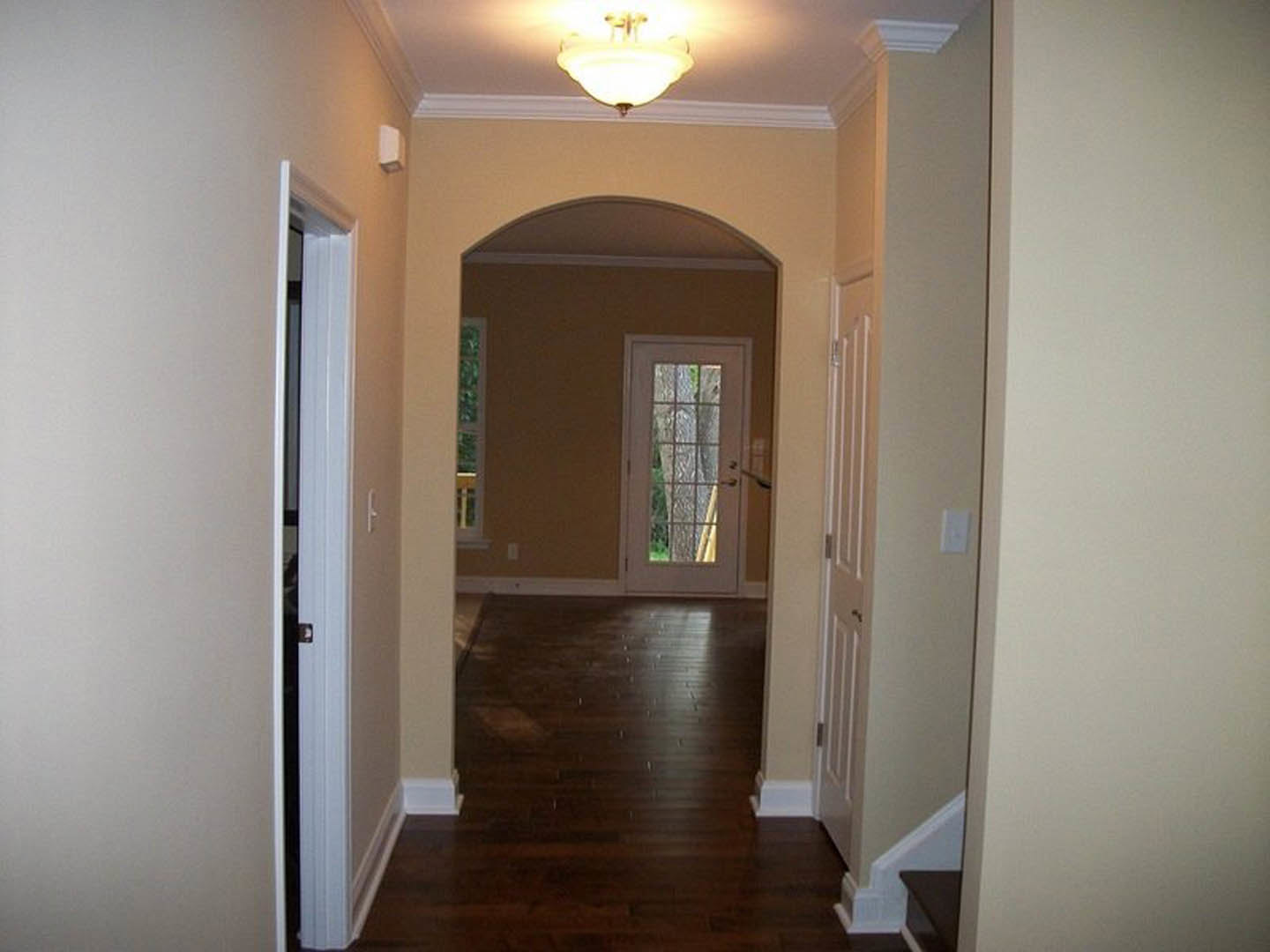 Hallway with dark wood flooring, white trim, glass door with window, and modern light fixture