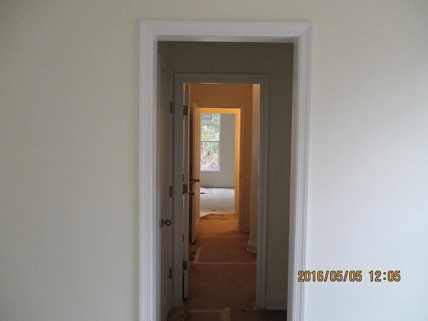 Hallway with textured carpeted walls, open white door, orange house number, window with white frame, and overhead light illuminating neutral flooring