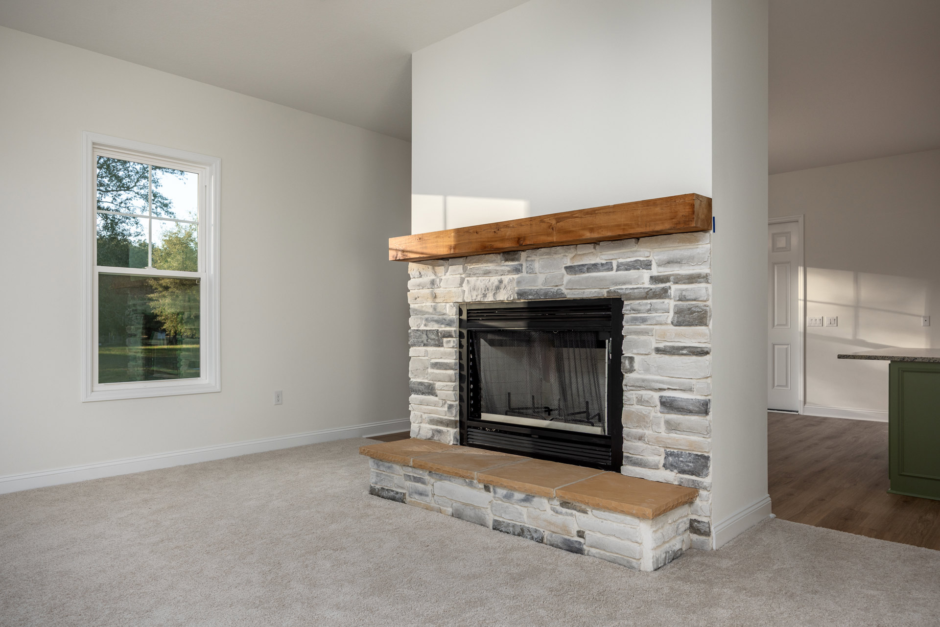 Stone fireplace with black mesh screen, wood mantle, white-framed window, and green door in a cozy living room.