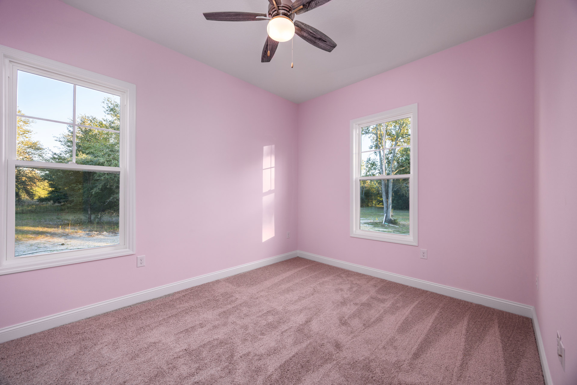 Pink-walled room with a ceiling fan featuring wooden blades and light fixture, pink carpet flooring, and window overlooking trees.
