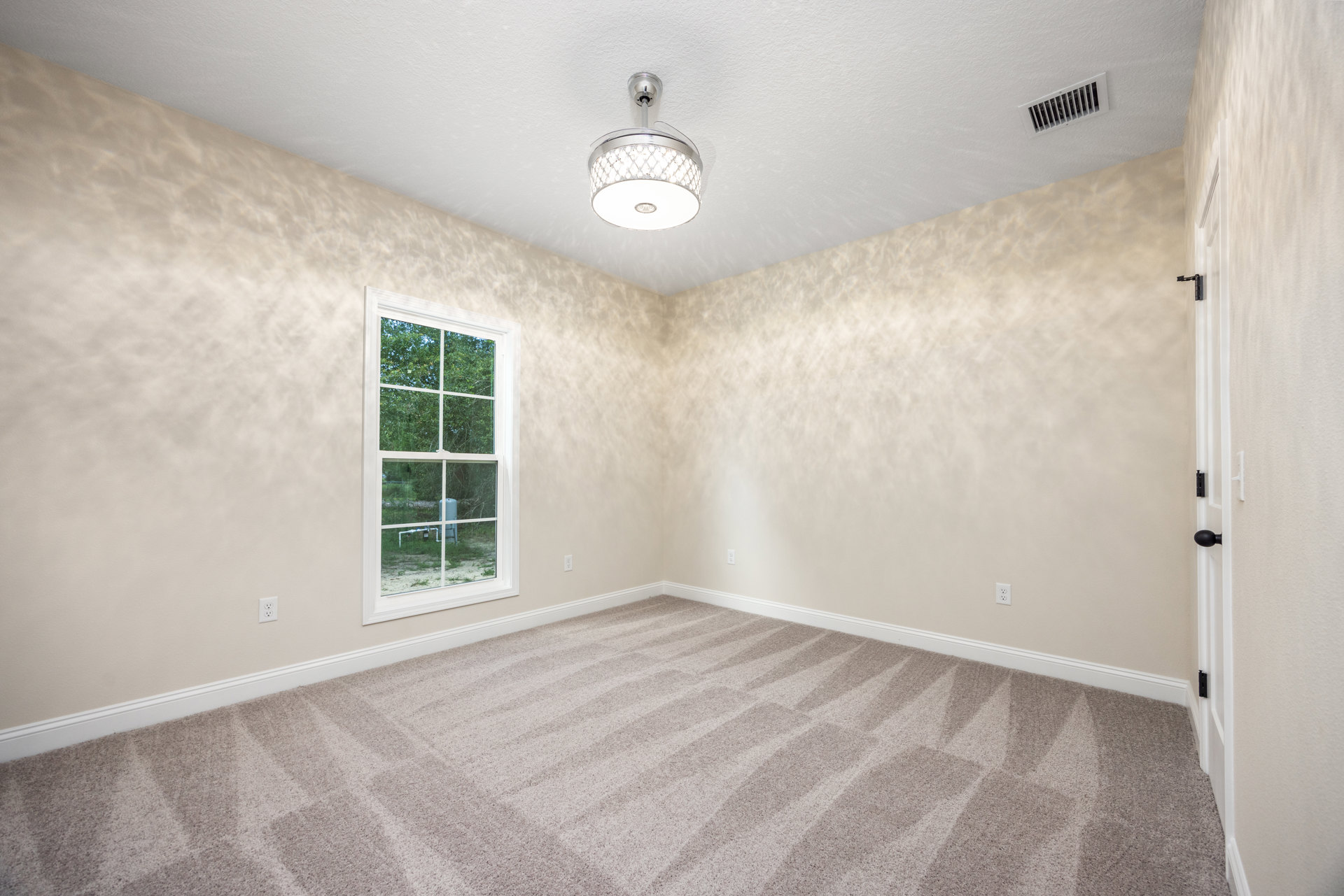 Carpeted room with white ceiling light fixture, window overlooking trees and grass, plaster walls, ceiling vent, and decorative molding