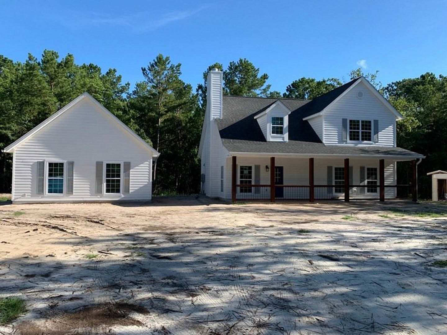 White house with triangular roof, front porch with railing, multiple square-paned windows, dirt ground, dense trees and shadows in background