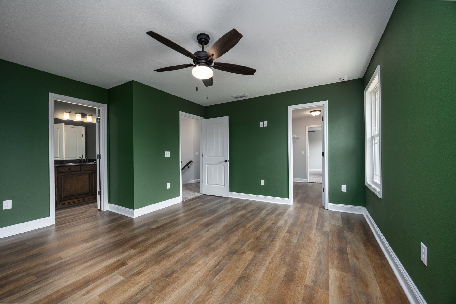 Green-painted walls, ceiling fan with light fixture, white door with black knob, marble countertop bathroom sink, wood flooring, wall-mounted mirror