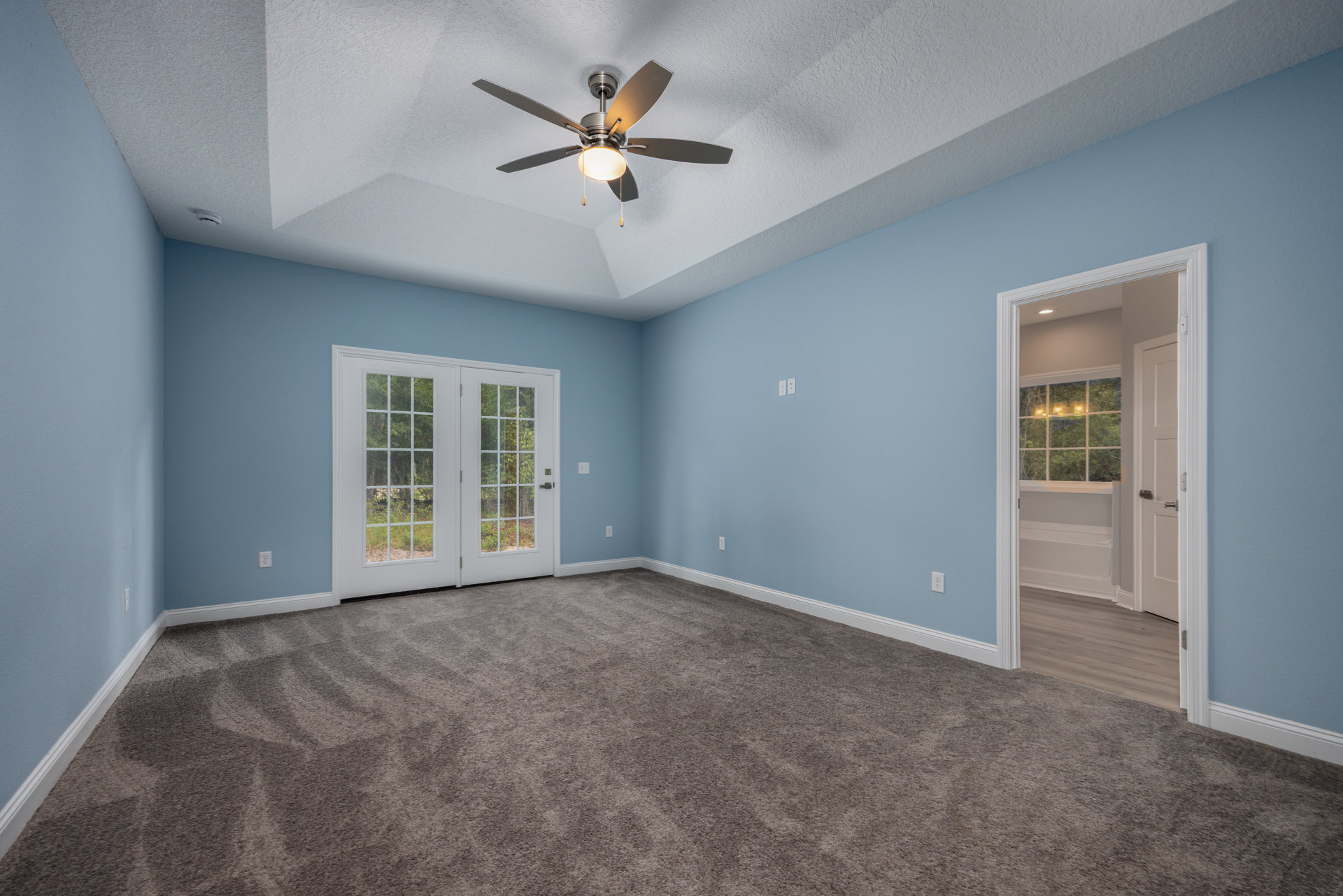 Carpeted room featuring a ceiling fan with light, double glass-paneled doors, and a white tub visible through an adjacent doorway.