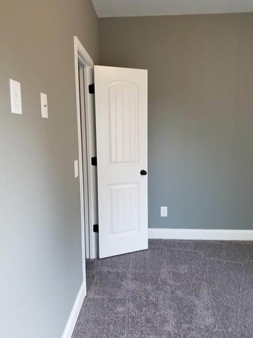 White paneled door with black knobs set in a white wall, grey laminate flooring and light carpet visible, simple molding along ceiling.