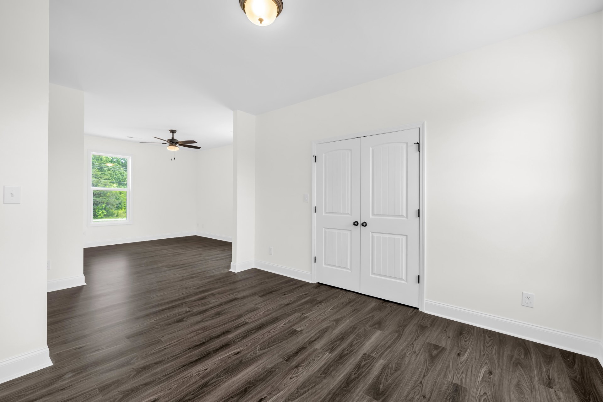 White walls and dark hardwood floor, white double doors with black knobs, window showing trees outside, close-up of modern light fixture, light switch on wall