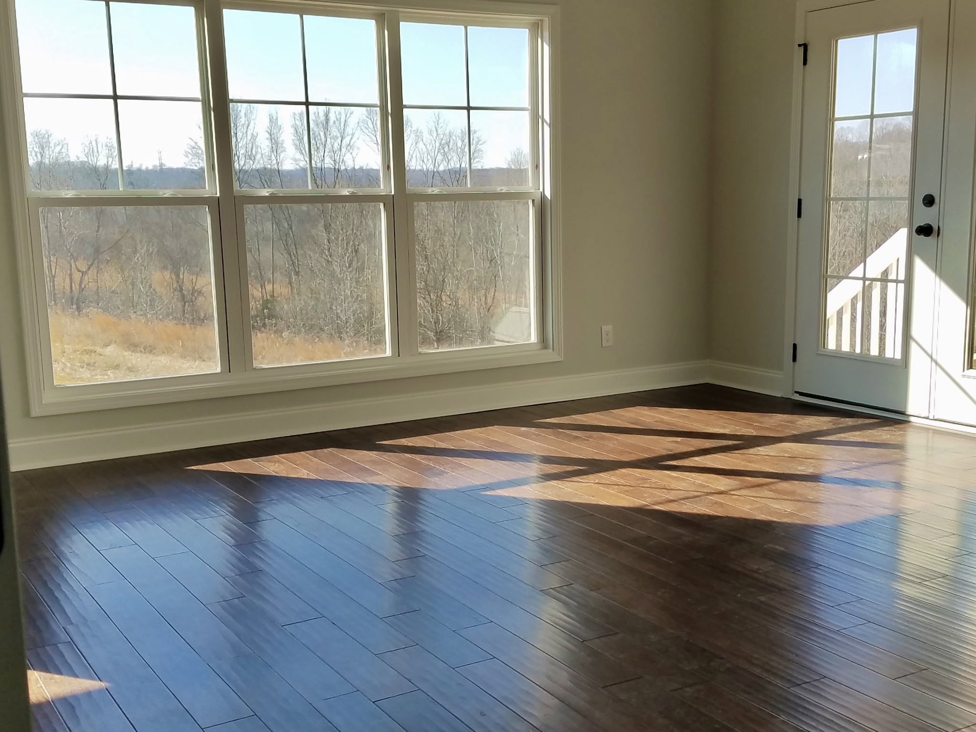 Spacious room featuring wide plank wood flooring, large white-framed window with views of leafy trees, white walls, and glass-paneled door.