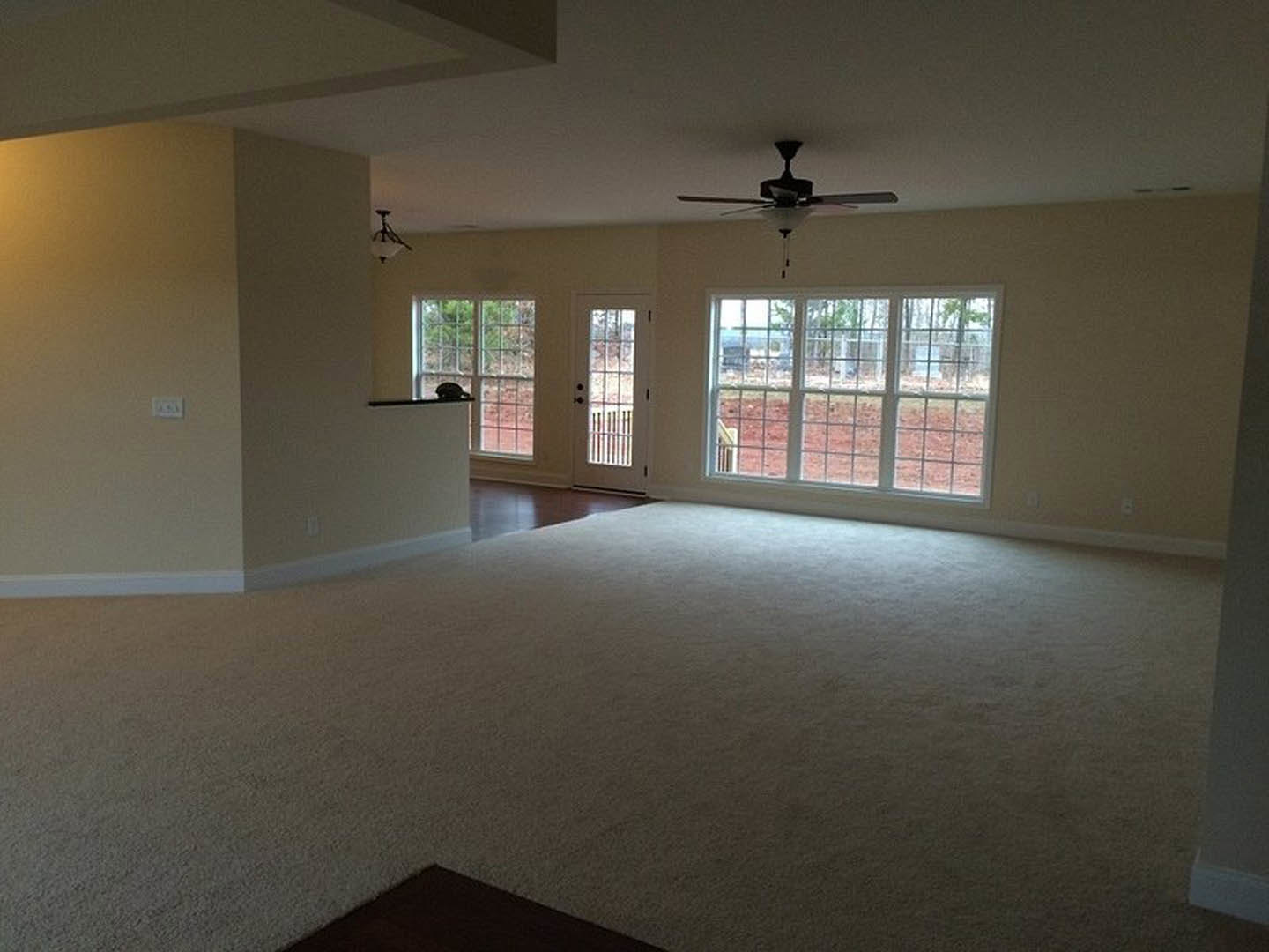 Carpeted living room featuring a ceiling fan with light, multi-pane window, white plaster walls, and a close-up view of a door