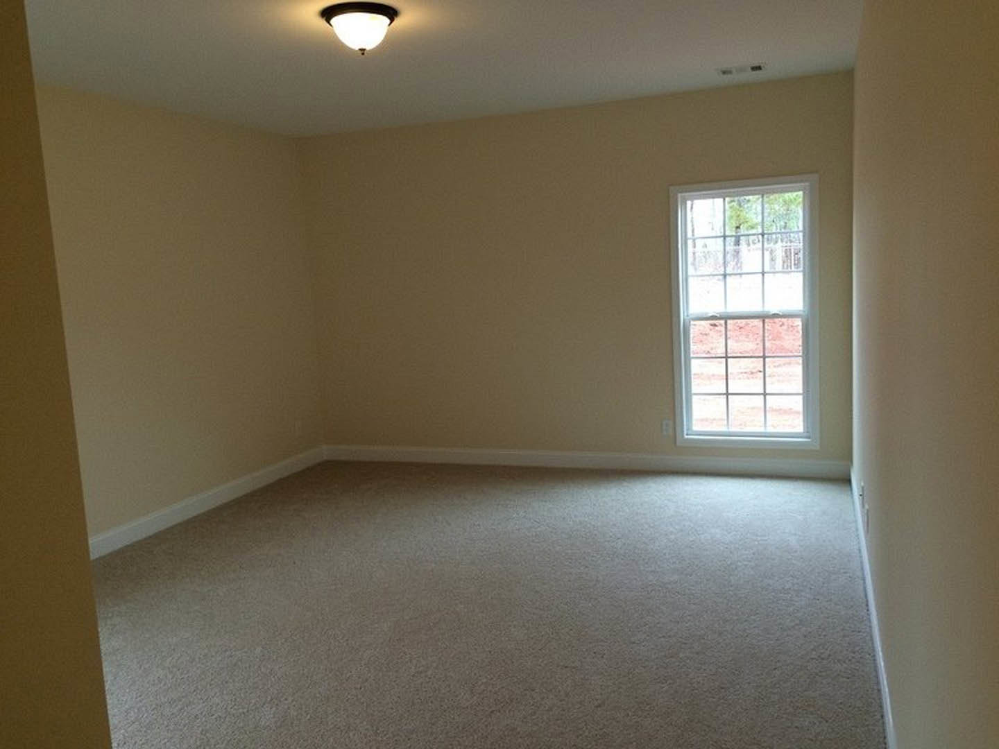 Carpeted room with white walls, large window overlooking trees, ceiling light fixture illuminated
