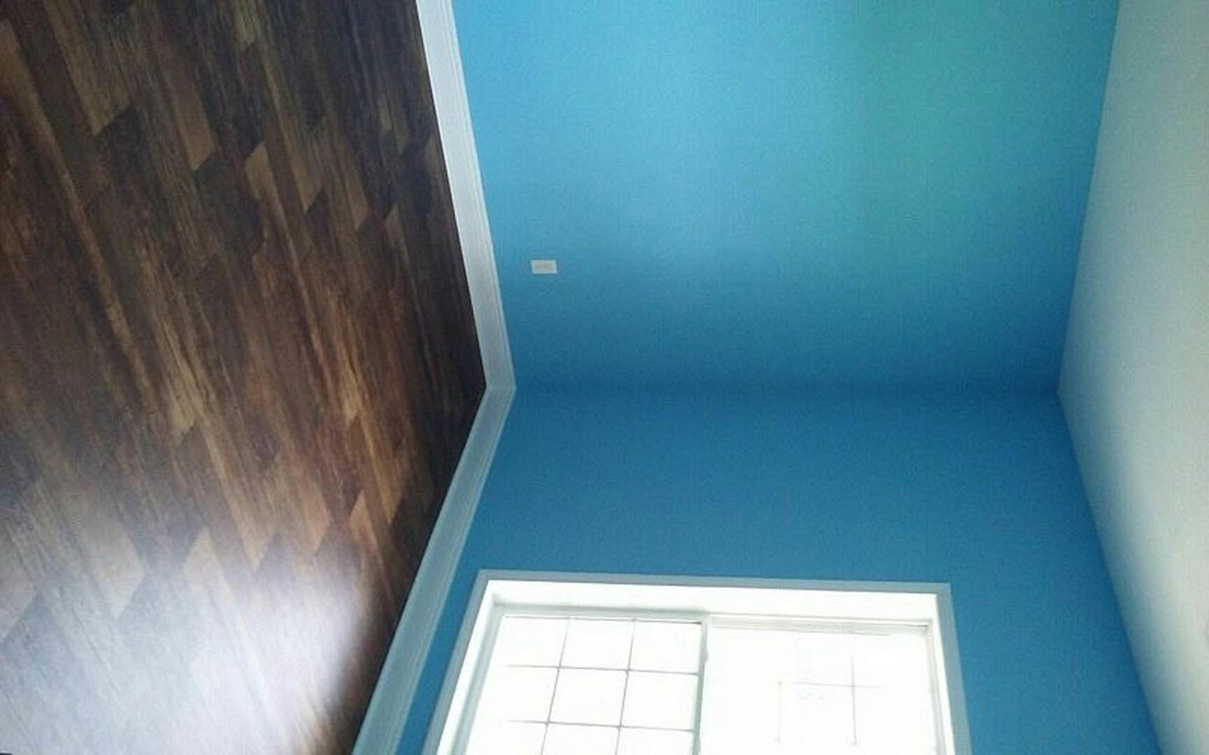 Blue-painted room with white-trimmed window, natural wood flooring, and plaster walls