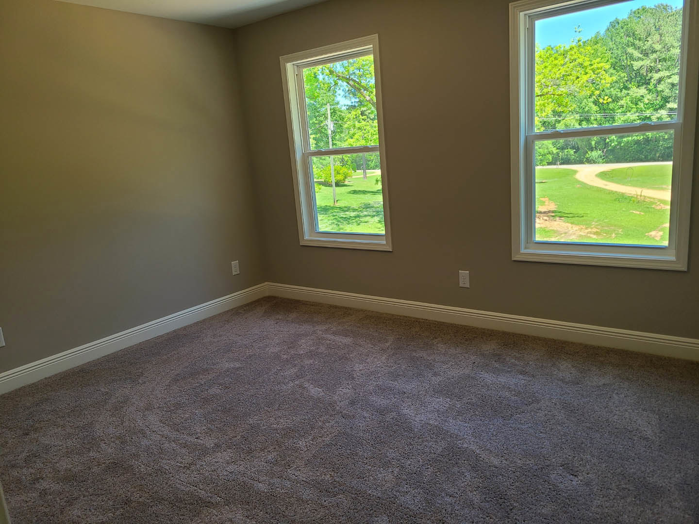 Carpeted room with two windows, white plaster walls, and view of trees and grassy area outside