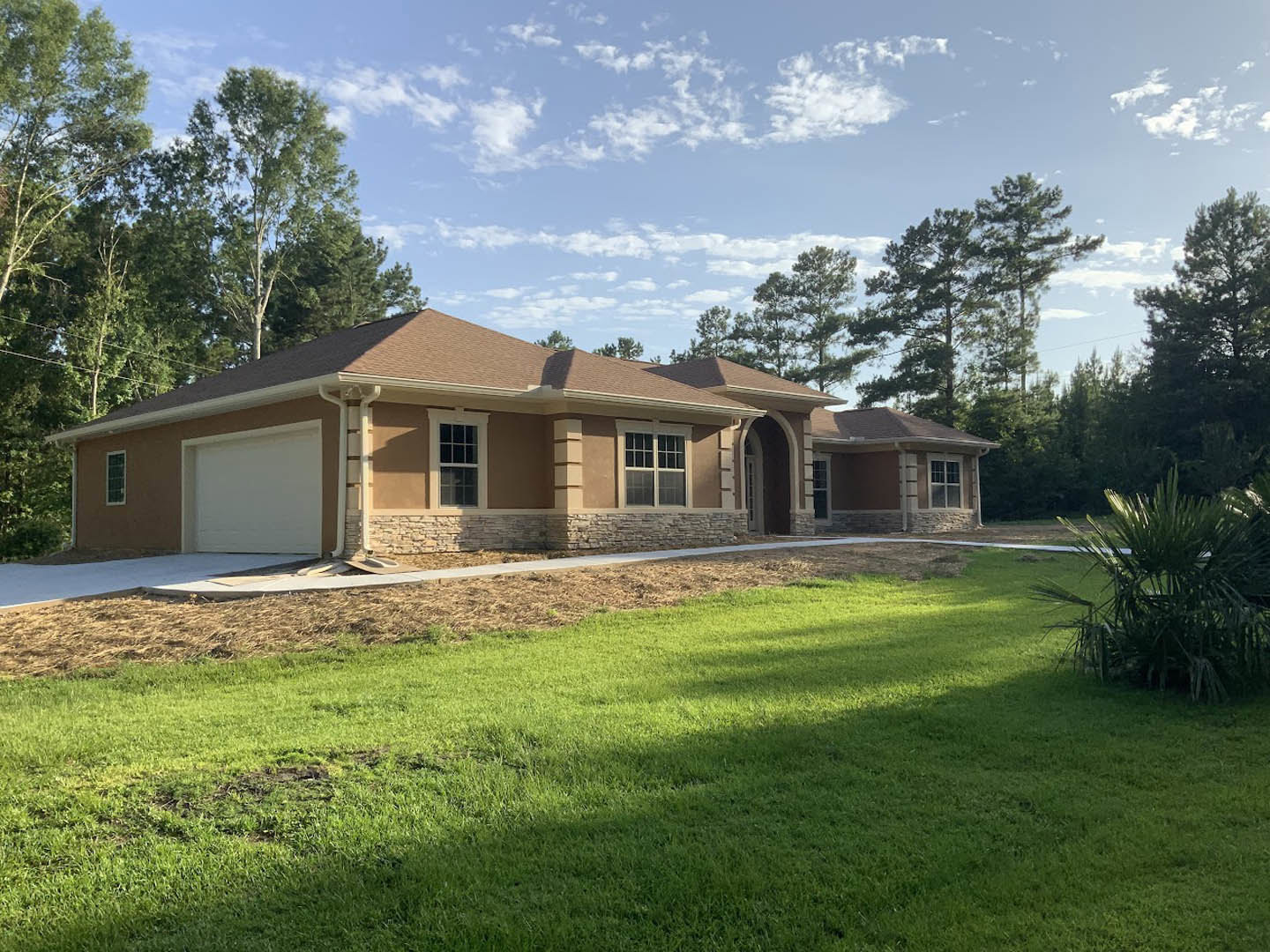 Brown brick house with white garage door, multi-pane windows, green lawn, and palm tree; trees and cloudy sky in background.