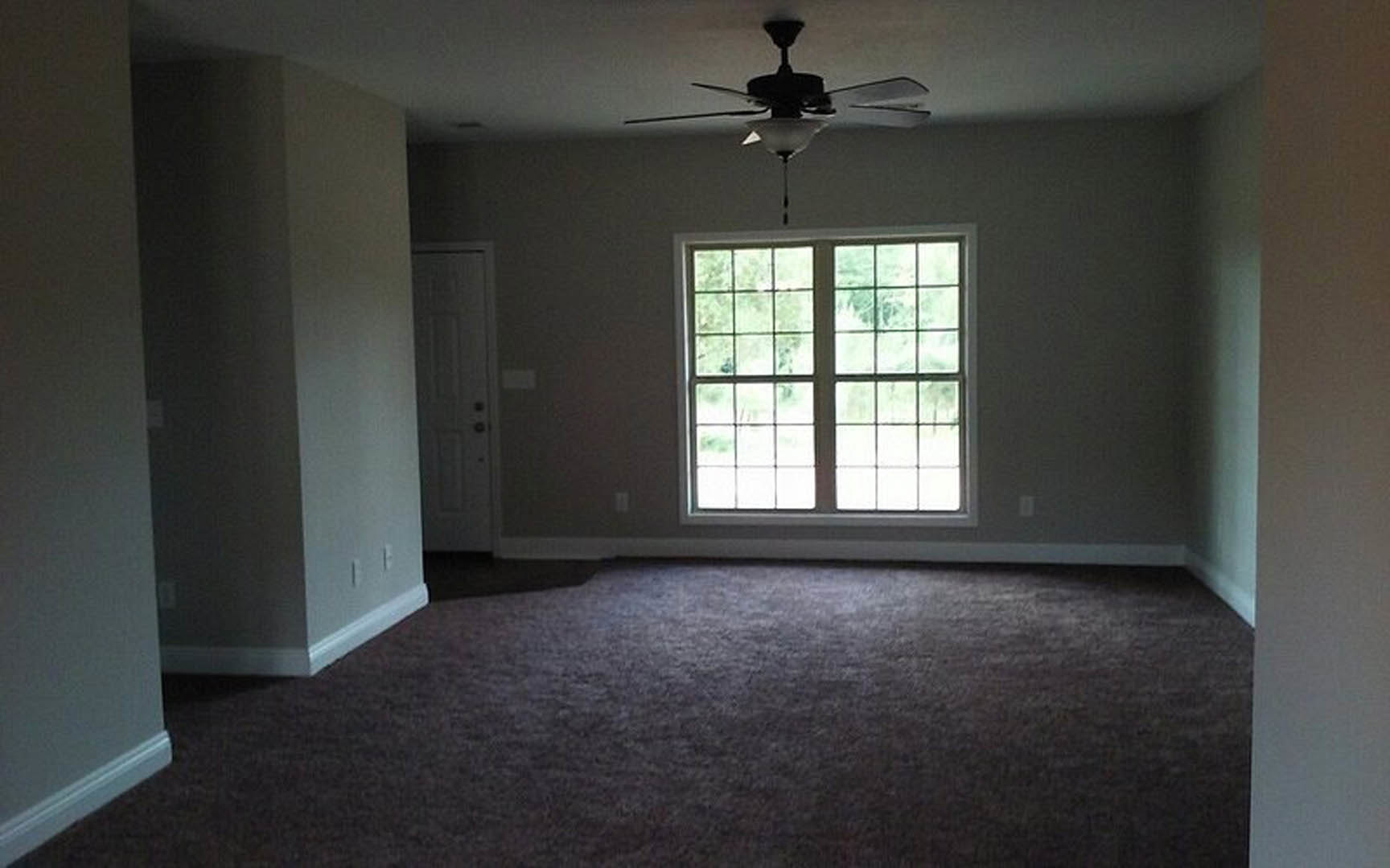 Living room with carpeted floor, multi-pane window, ceiling fan with light fixture, white plaster walls, and black window muntins
