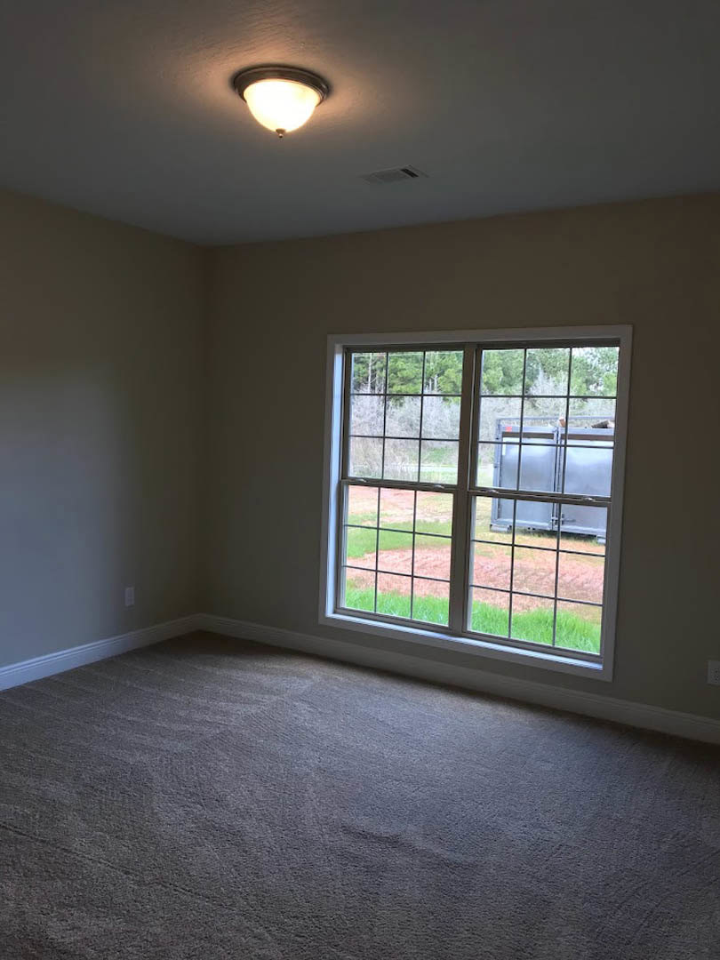 Carpeted room with white walls, large window overlooking grassy yard and trees, ceiling-mounted light fixture