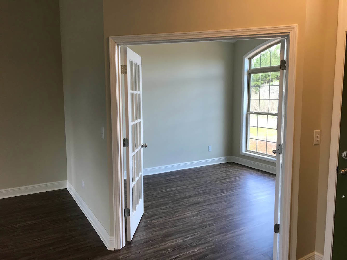 White paneled door open in a room with grey walls, wood laminate flooring, and a window overlooking leafy trees