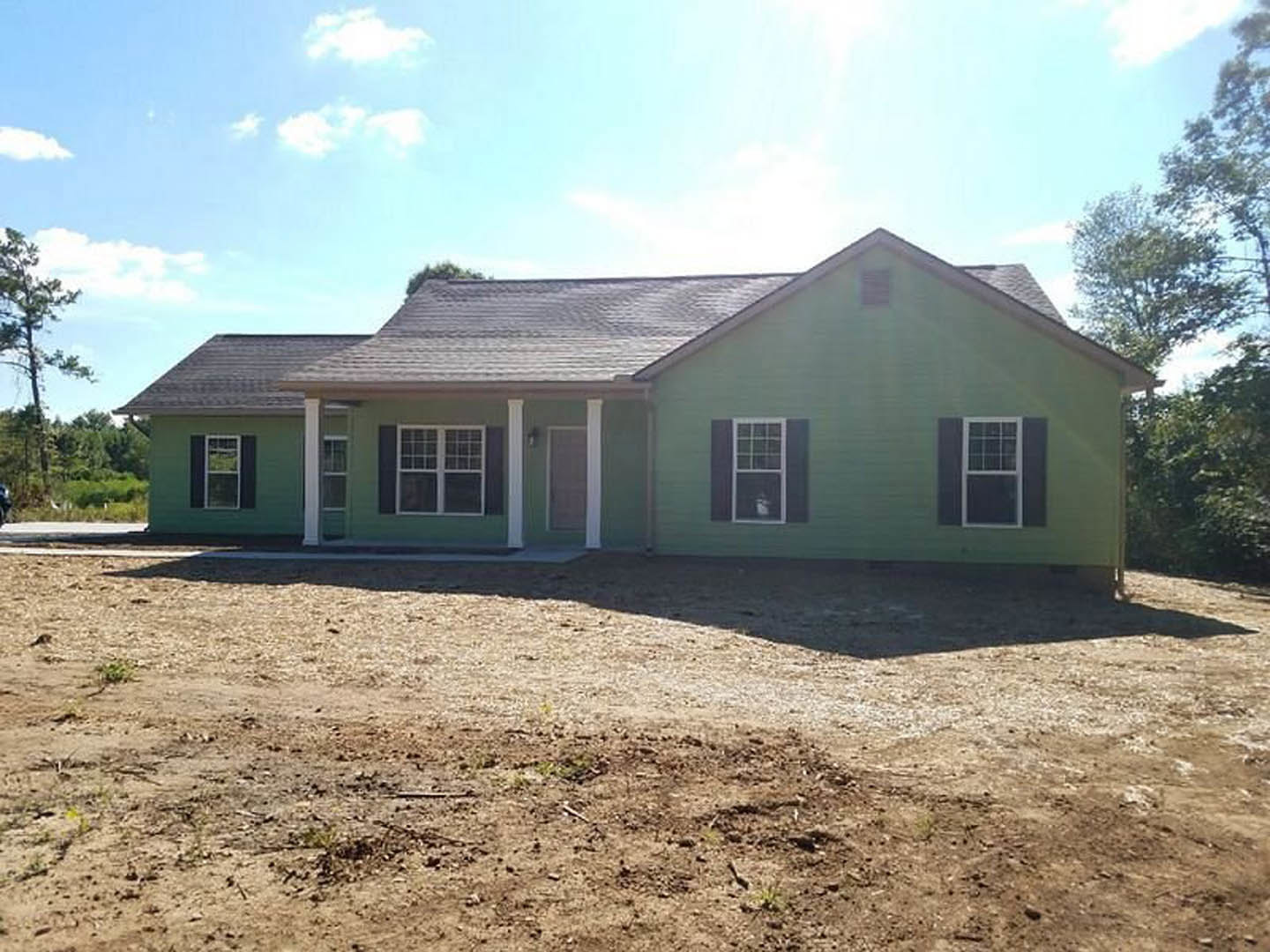 Green-painted house with white columns, dirt yard in front, white-framed windows, tree nearby, blue sky overhead, close-up view of roof shingles