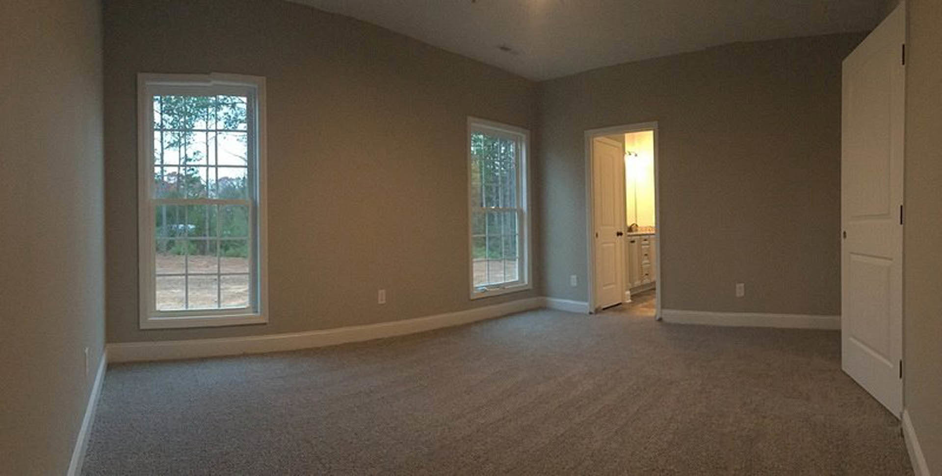 Carpeted room featuring a white door with black handle, two windows with clear glass panes, and views of green trees outside