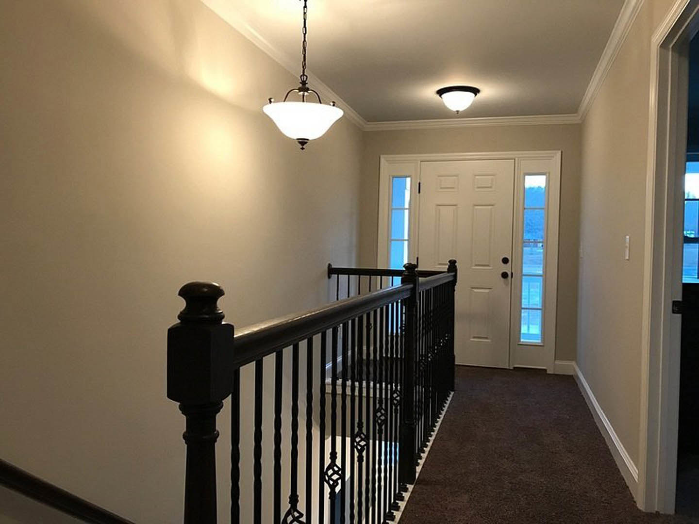 Hallway with white walls, black metal railing, white door with glass panes, ceiling light fixture, and crown molding