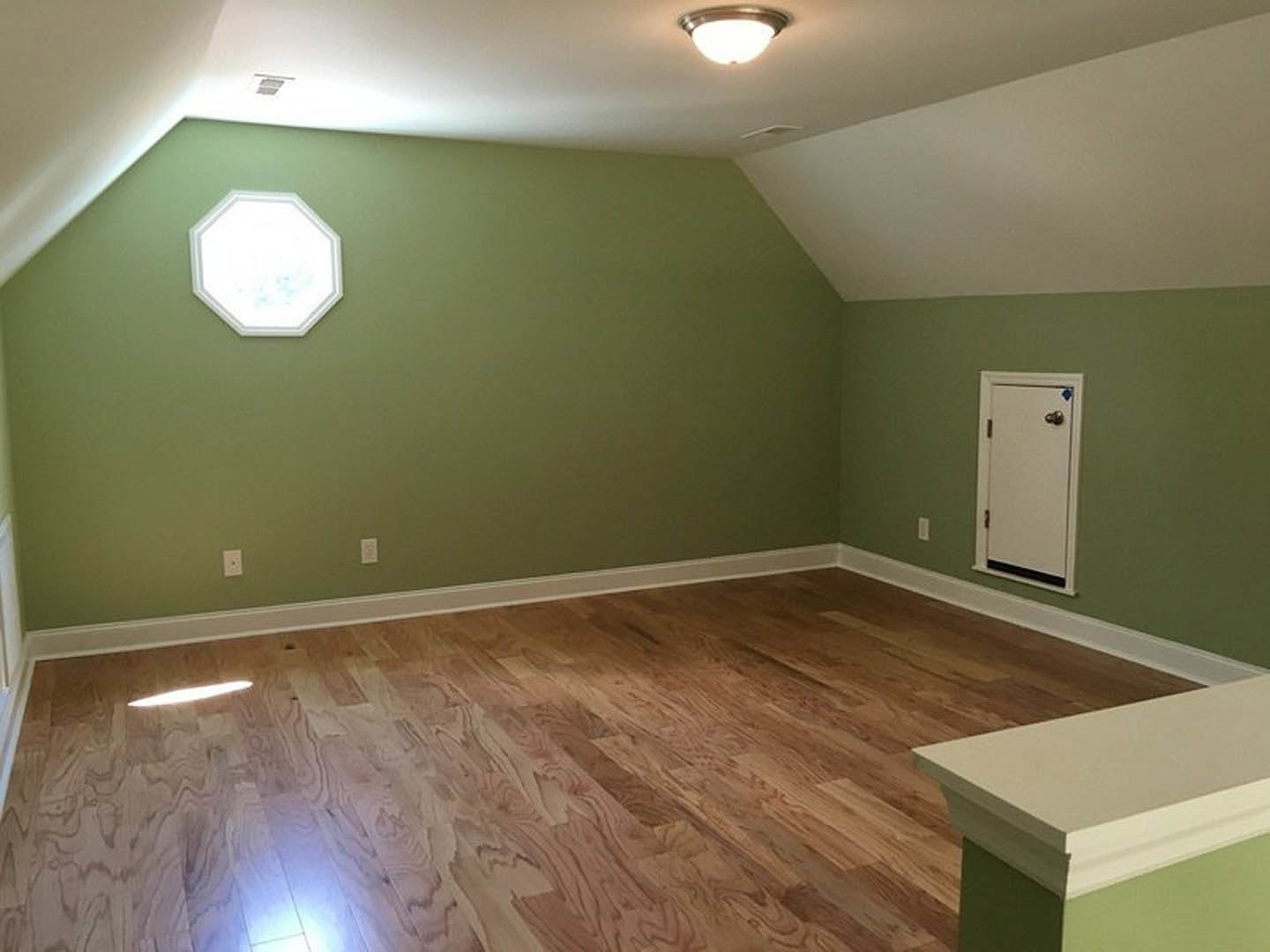Green walls and hardwood floor in a room with a white door, octagonal ceiling light fixture, and white and green surfaces.