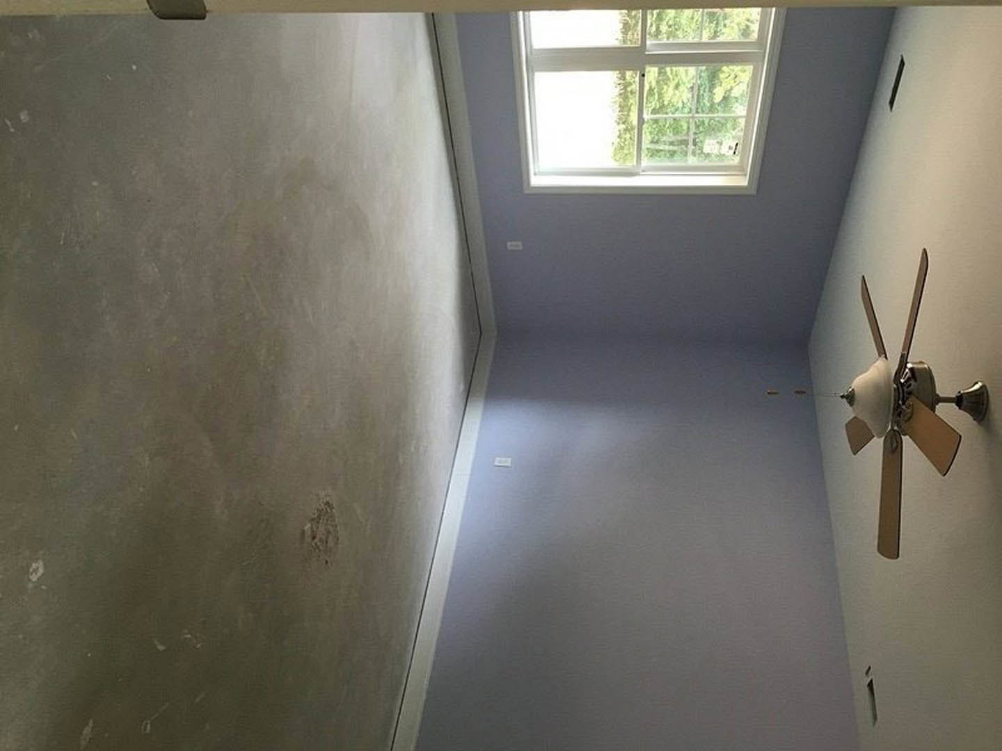 Bedroom with white walls, large window with white frame, ceiling fan and light fixture, hardwood floor, door with silver knob, sunlight illuminating wall, small spider near window.