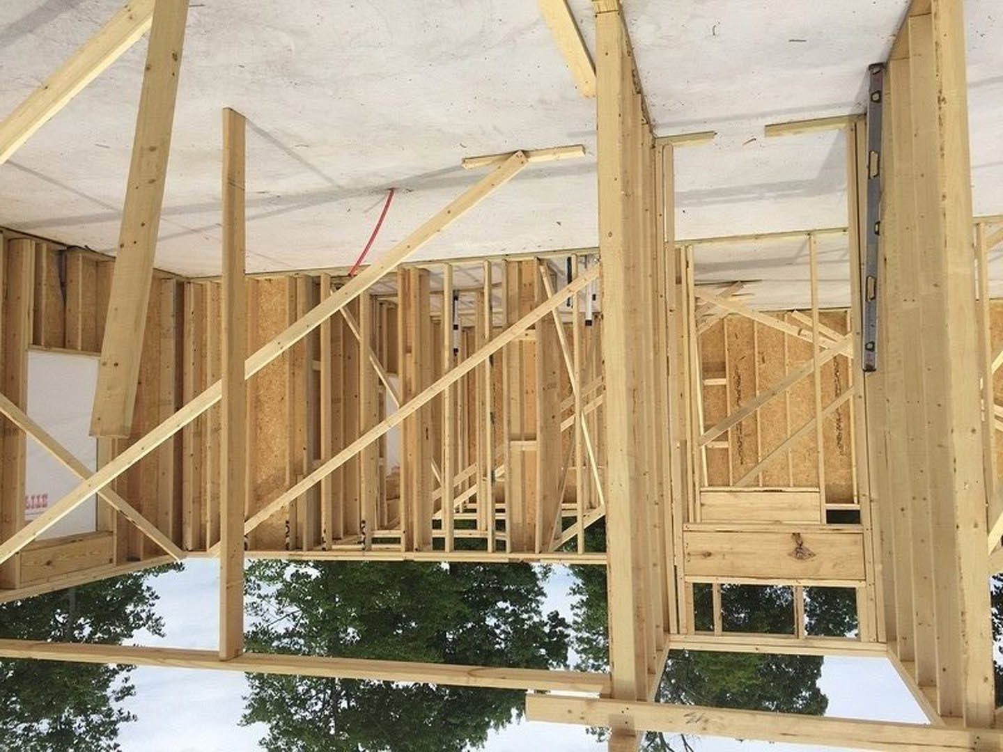 Wooden house frame under construction with exposed beams and planks, surrounded by trees in the background
