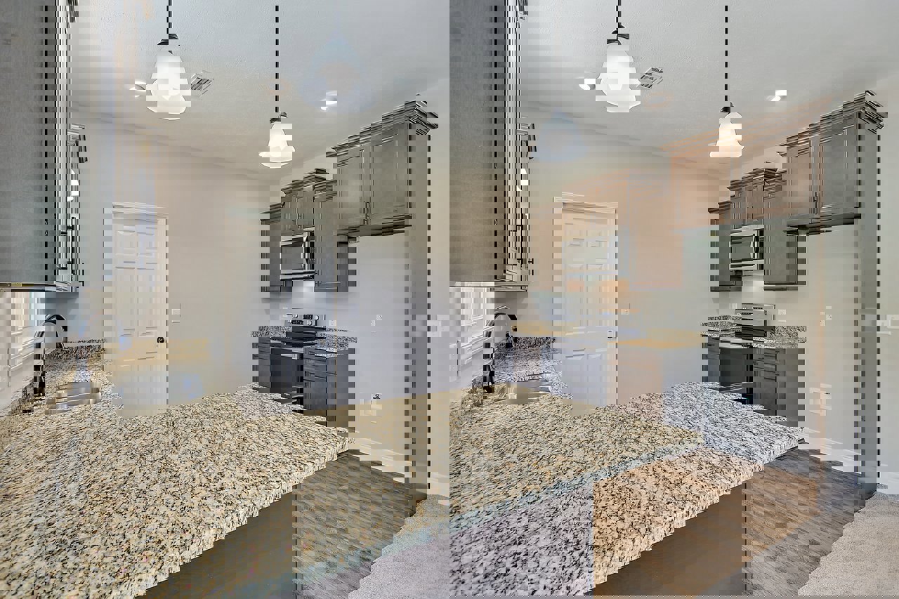 Granite countertops with white and black speckled surface, wood cabinetry, built-in microwave oven, stainless steel sink, white door with black handle, ceiling light fixture