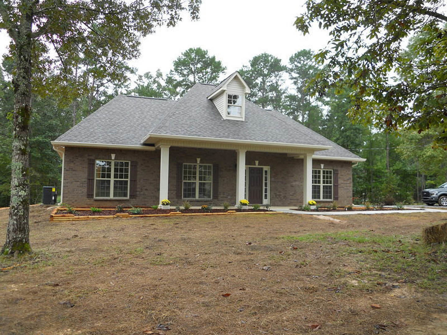 Two-story house with white-trimmed dormer windows, covered porch, and expansive yard featuring brown grass and scattered yellow flowers