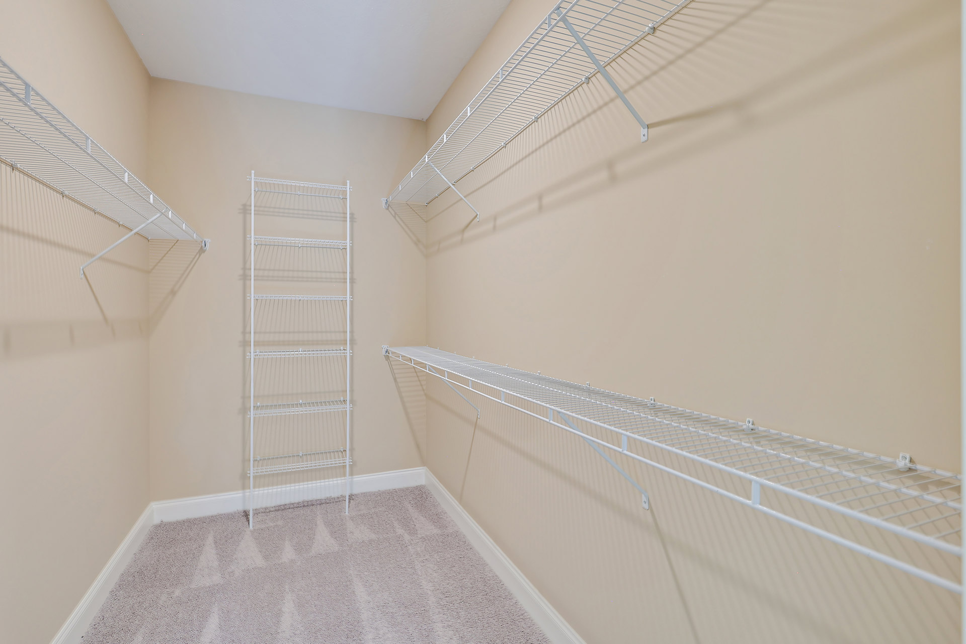 White wire shelving mounted on a plaster wall above a carpeted floor in a residential room