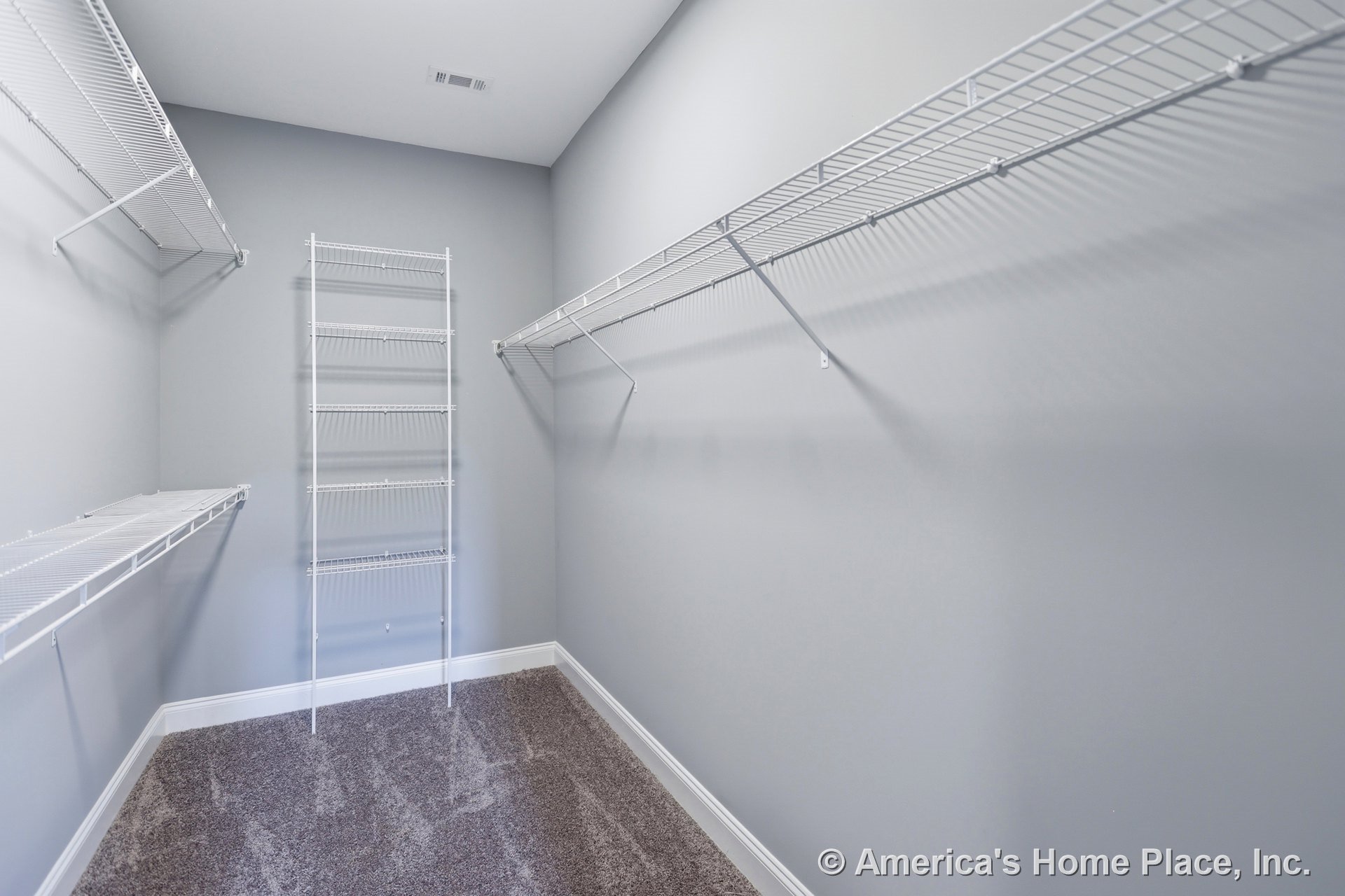Walk-in closet with built-in white wire shelving, neutral carpet flooring, gray painted walls, baseboard trim, and ceiling vent.