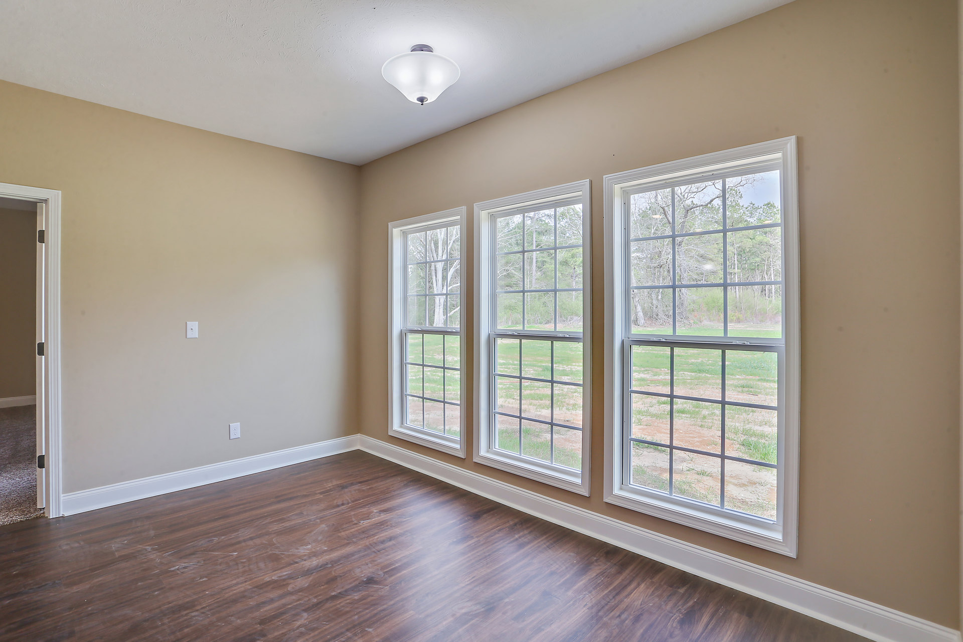 Sunlit room with large windows, hardwood flooring, white plaster walls, and views of green grass and trees outside