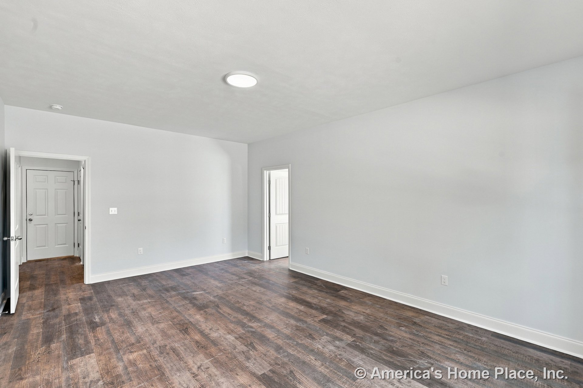 Wood-look vinyl plank flooring, light gray painted walls, white baseboards, flush mount ceiling light, paneled interior doors, multiple doorways in a modern foyer with neutral