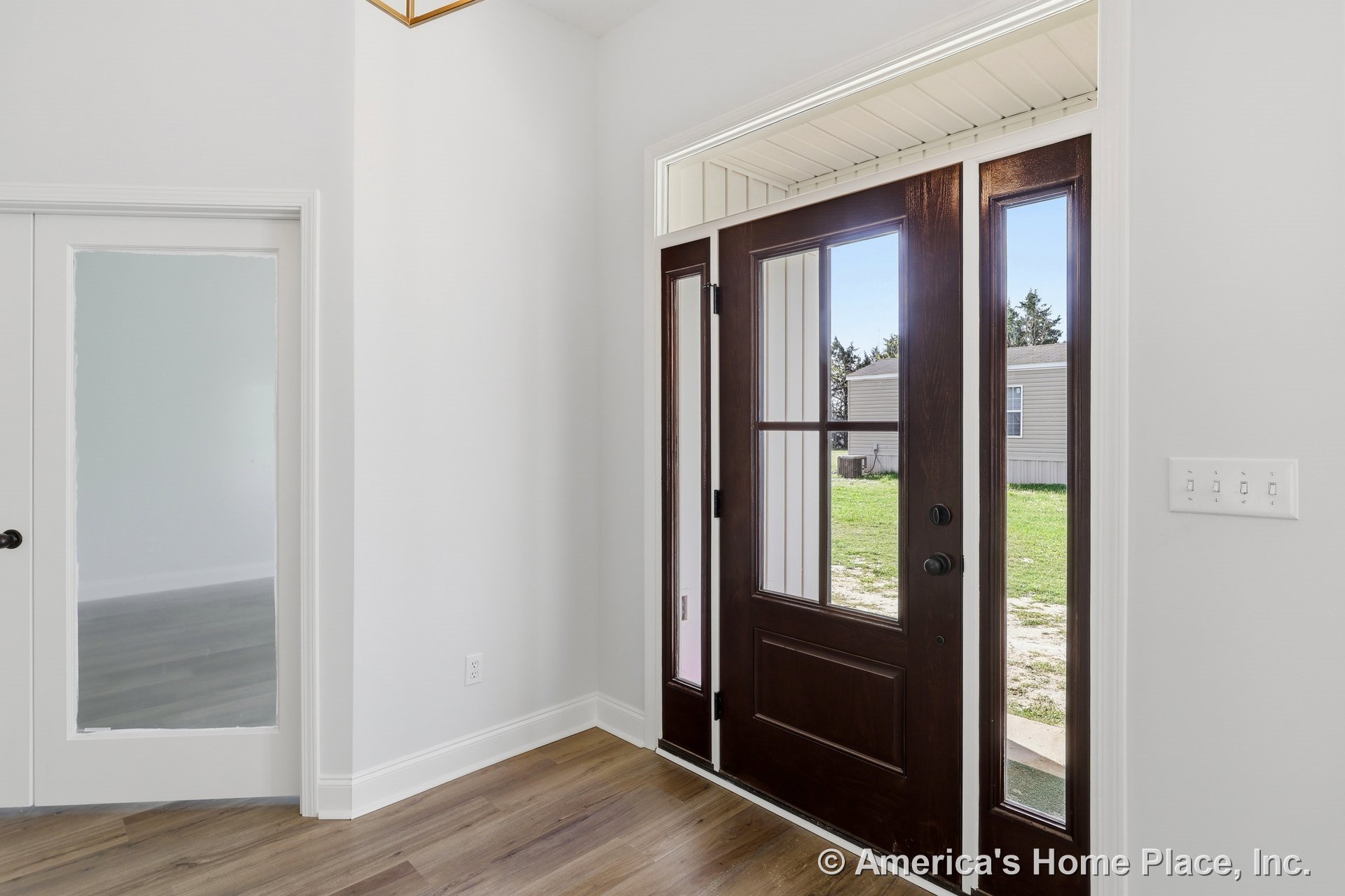 White door with glass panels, black hinge, and lawn visible outside, wood floor with white baseboard, mirror on wall, close-up of light switch