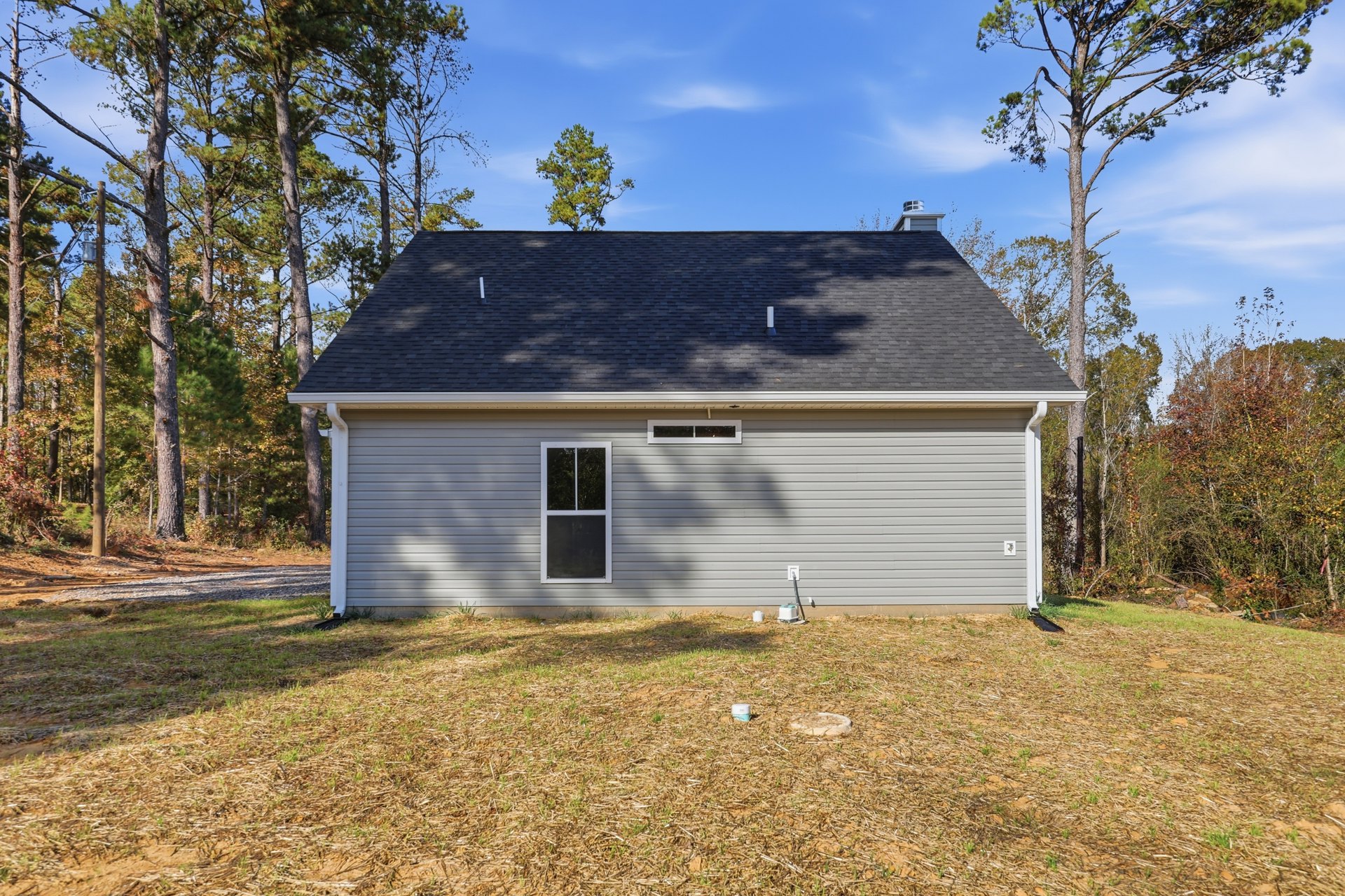 Two-story house with attached garage, white-framed windows, manicured lawn, scattered trees, white roof vent, and forested backdrop.