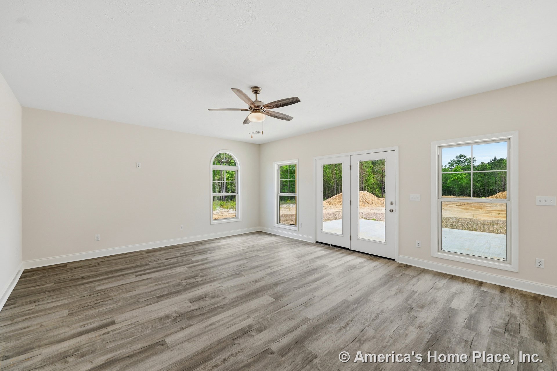 Wide plank wood-look flooring, ceiling fan with light, arched window, double glass doors, large rectangular windows, neutral wall paint, white baseboards, and abundant natural