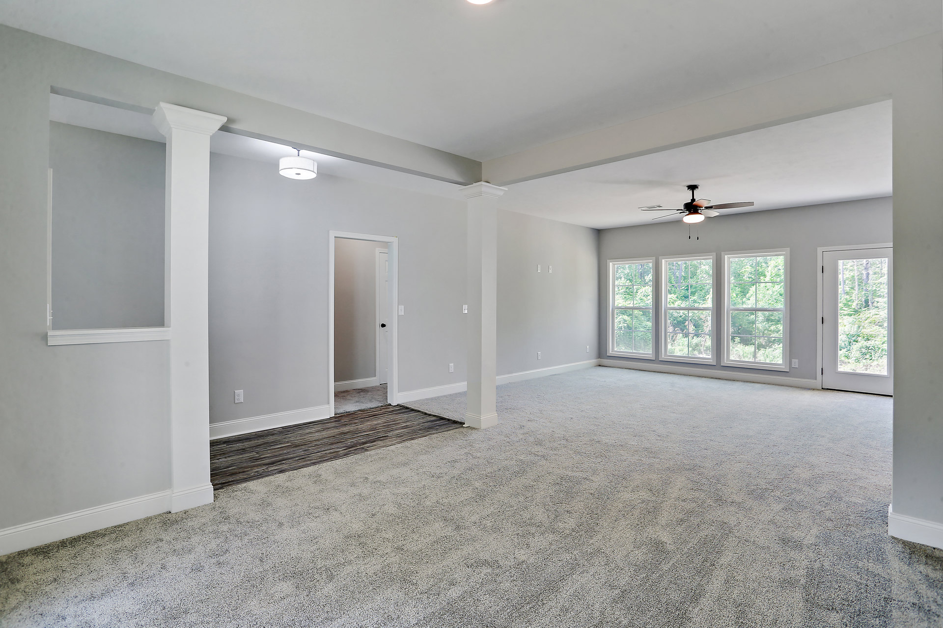 Ceiling fan with light fixture, white walls, large windows showing trees outside, grey and white carpeted floor, white door with hole, modern interior finishes