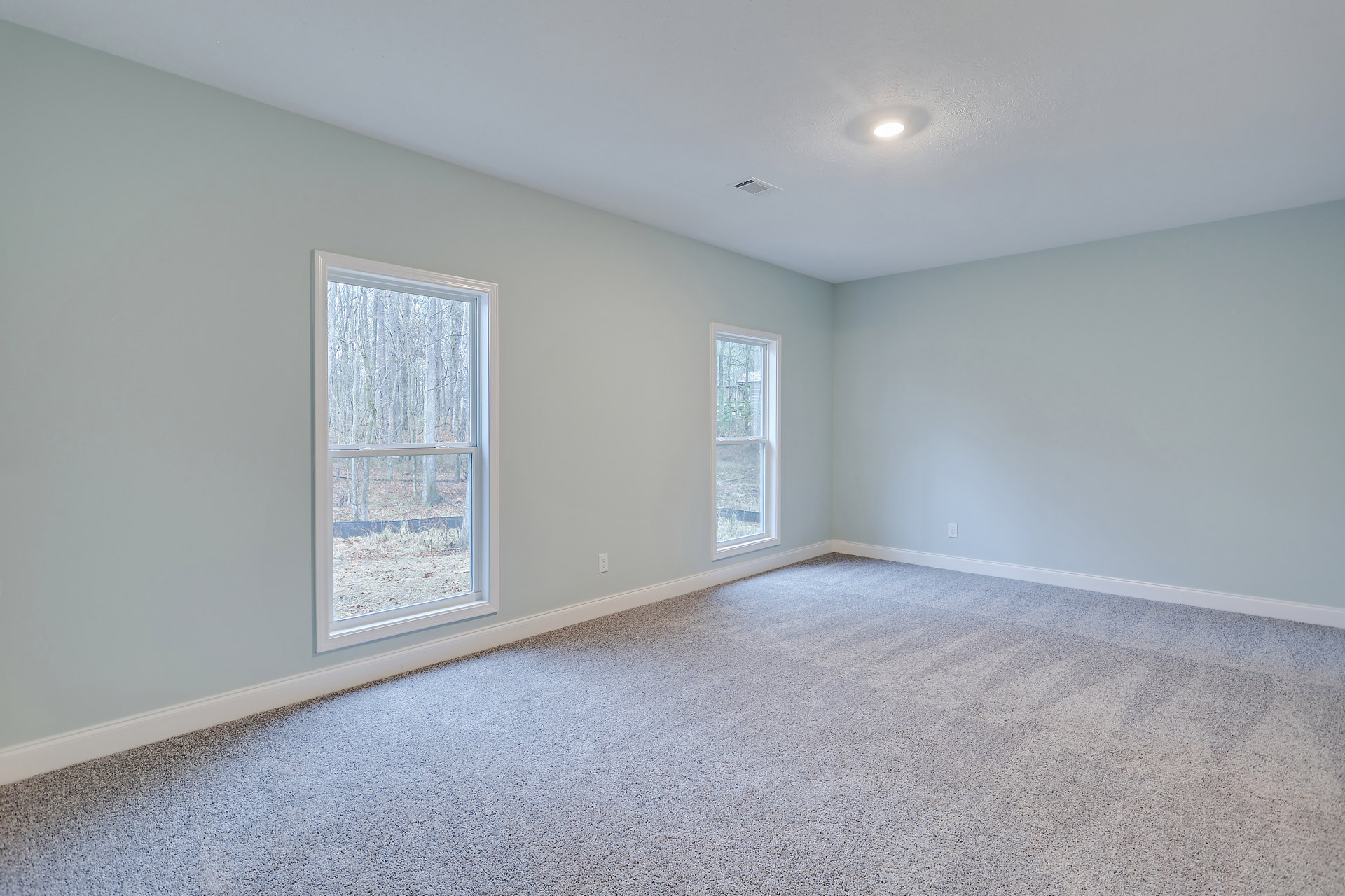 Carpeted room with large windows, white walls, ceiling vent, and forest view through the glass