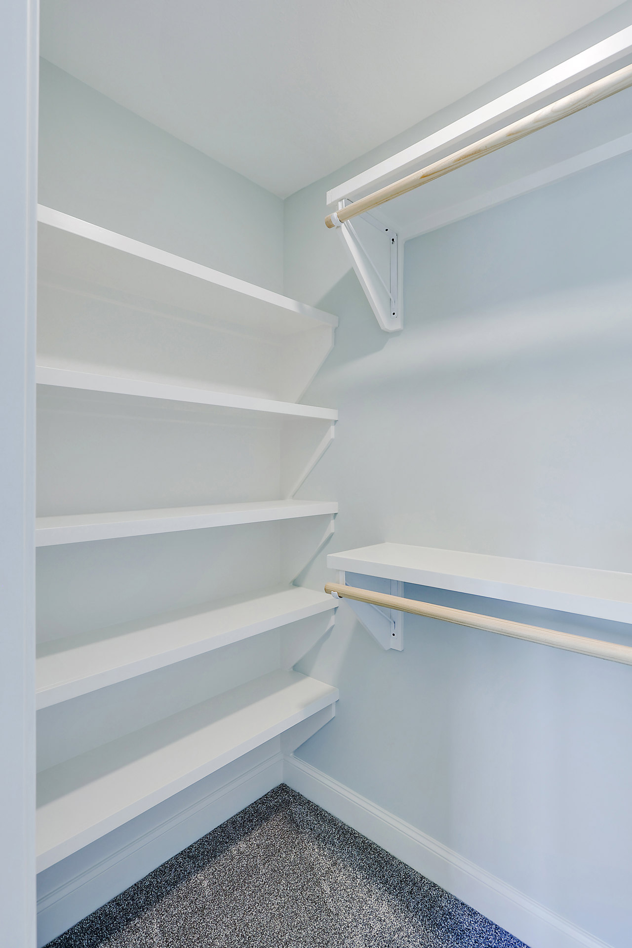 White built-in shelves and hanging bar in a walk-in closet with plaster walls and ceiling, illuminated by a ceiling light fixture.